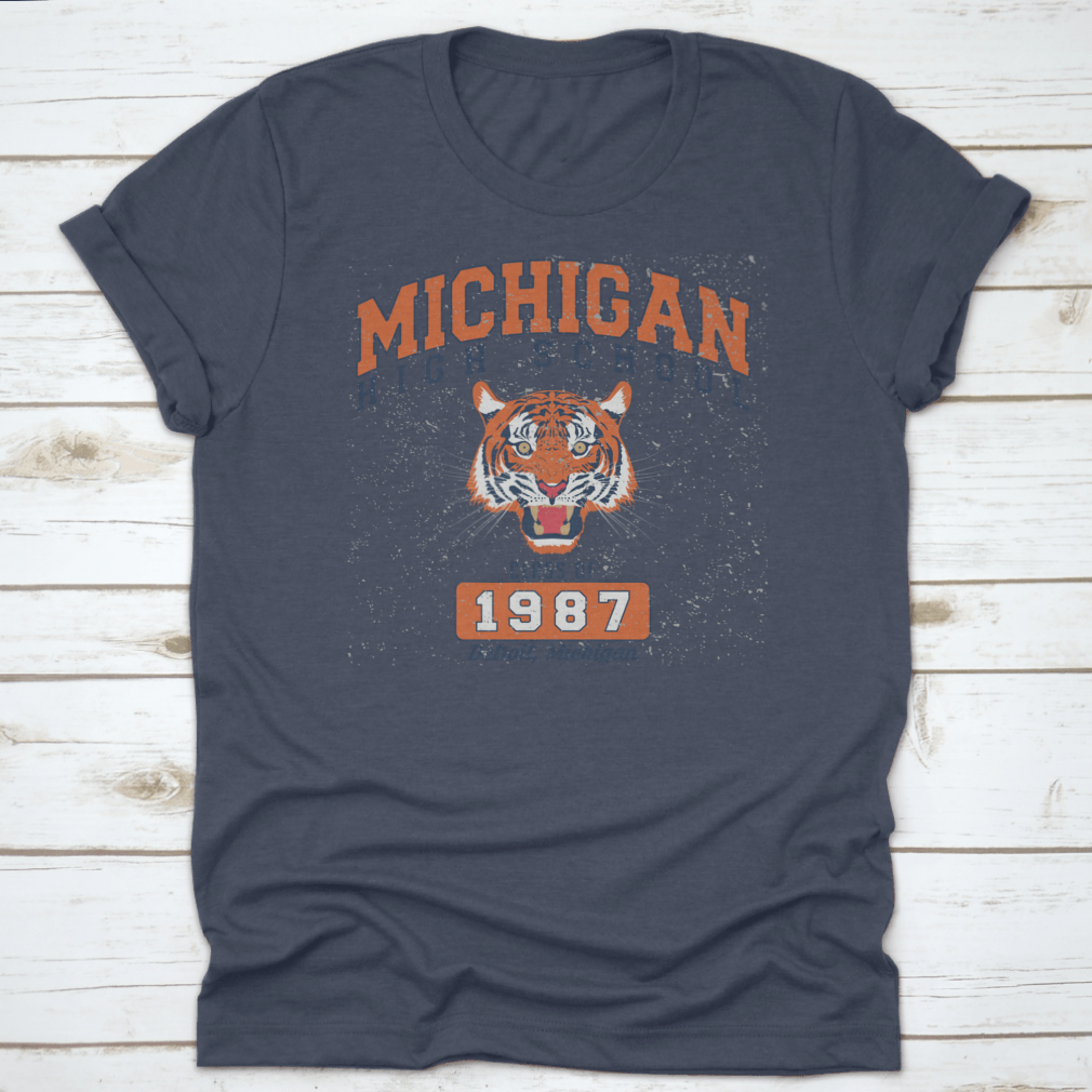 Vintage College Varsity Michigan High School Slogan Print featuring a fierce tiger design on a comfortable cotton fabric.