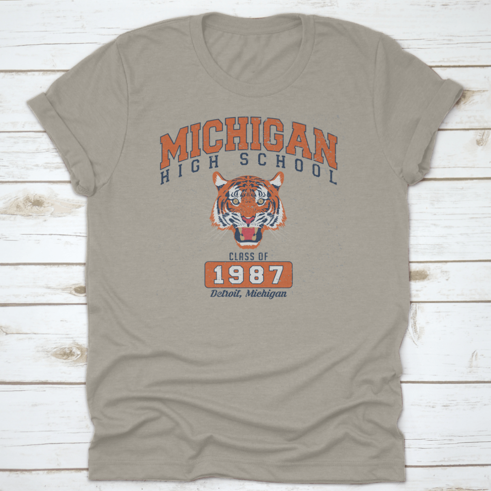 Vintage College Varsity Michigan High School Slogan Print featuring a fierce tiger design on a comfortable cotton fabric.