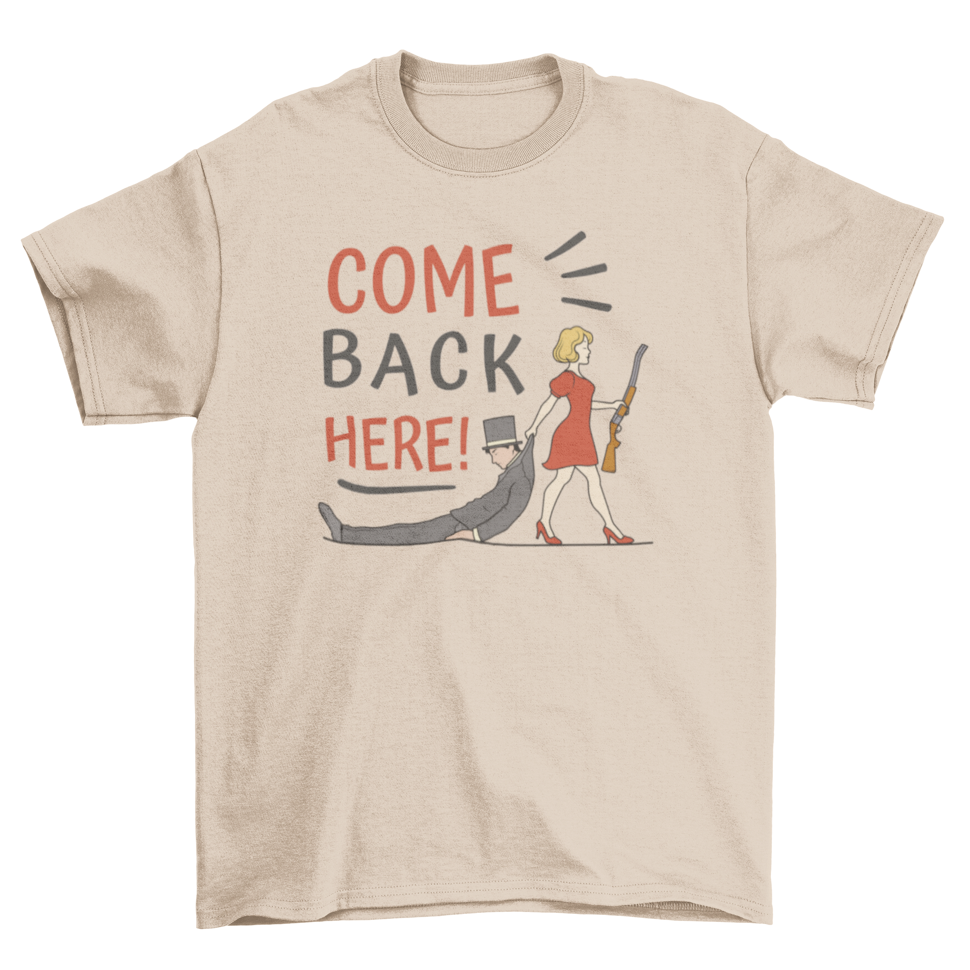 Vintage couple quote t-shirt featuring a charming couple illustration and the quote 'Come back here!' in a stylish design.