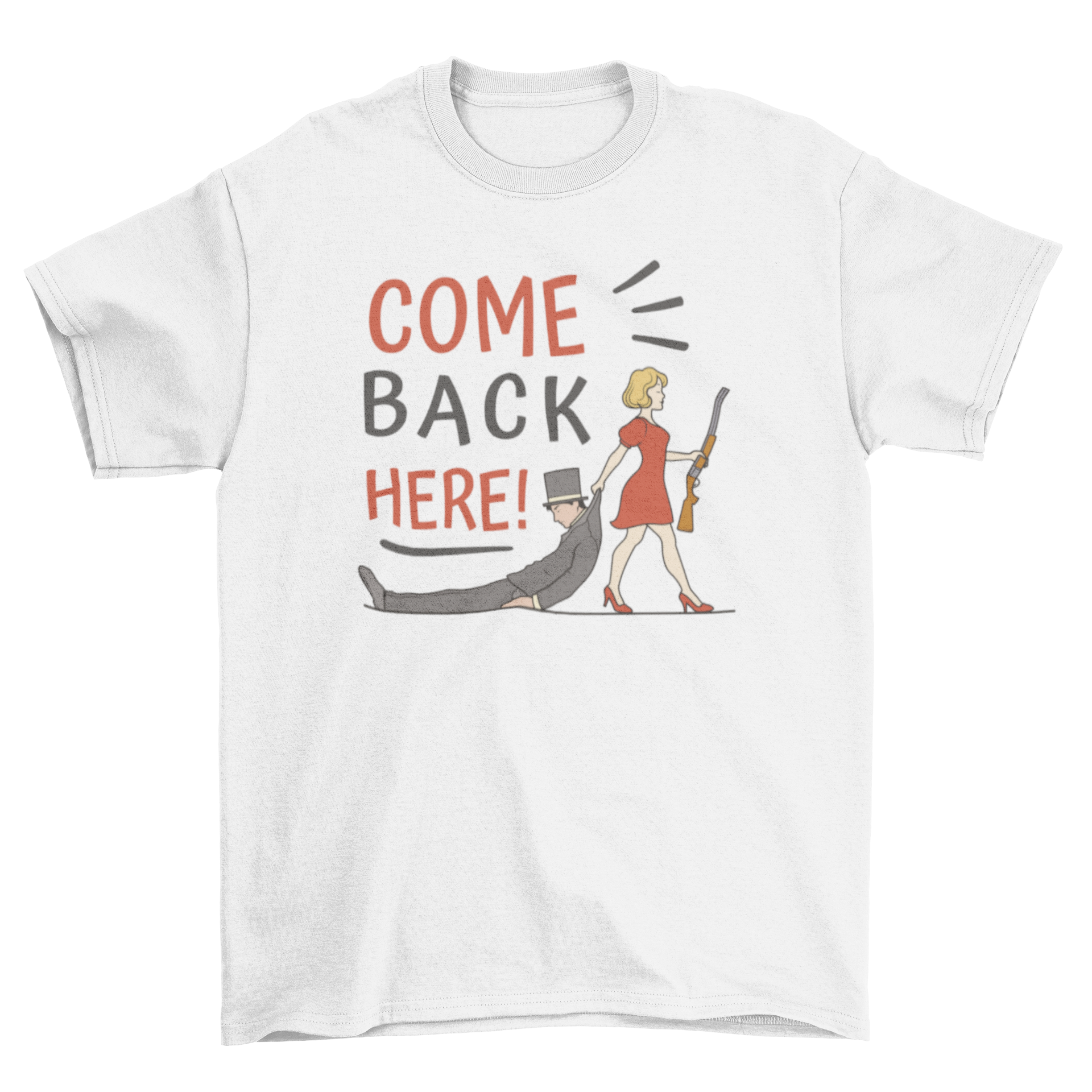 Vintage couple quote t-shirt featuring a charming couple illustration and the quote 'Come back here!' in a stylish design.