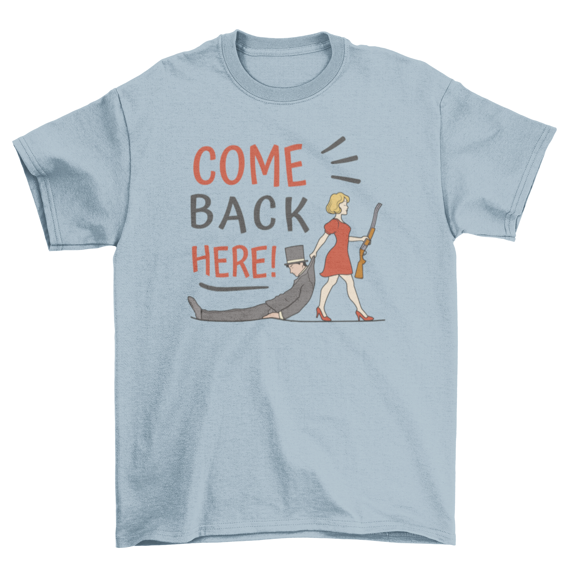 Vintage couple quote t-shirt featuring a charming couple illustration and the quote 'Come back here!' in a stylish design.