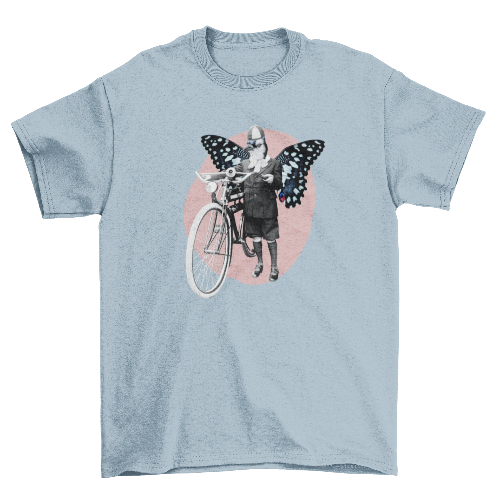 Vintage t-shirt design featuring a woman with butterfly wings and a bicycle in a collage style.