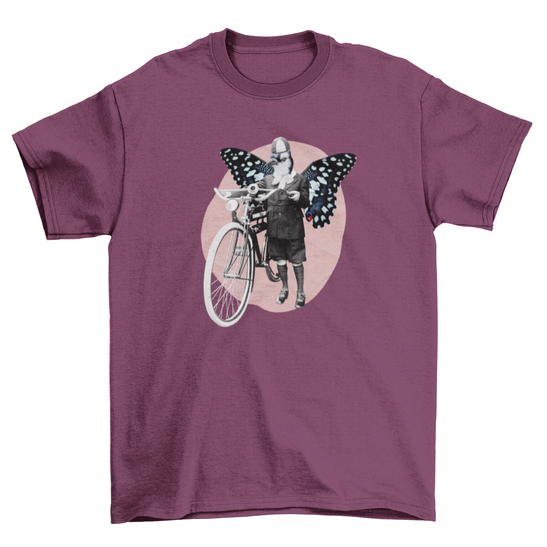 Vintage t-shirt design featuring a woman with butterfly wings and a bicycle in a collage style.