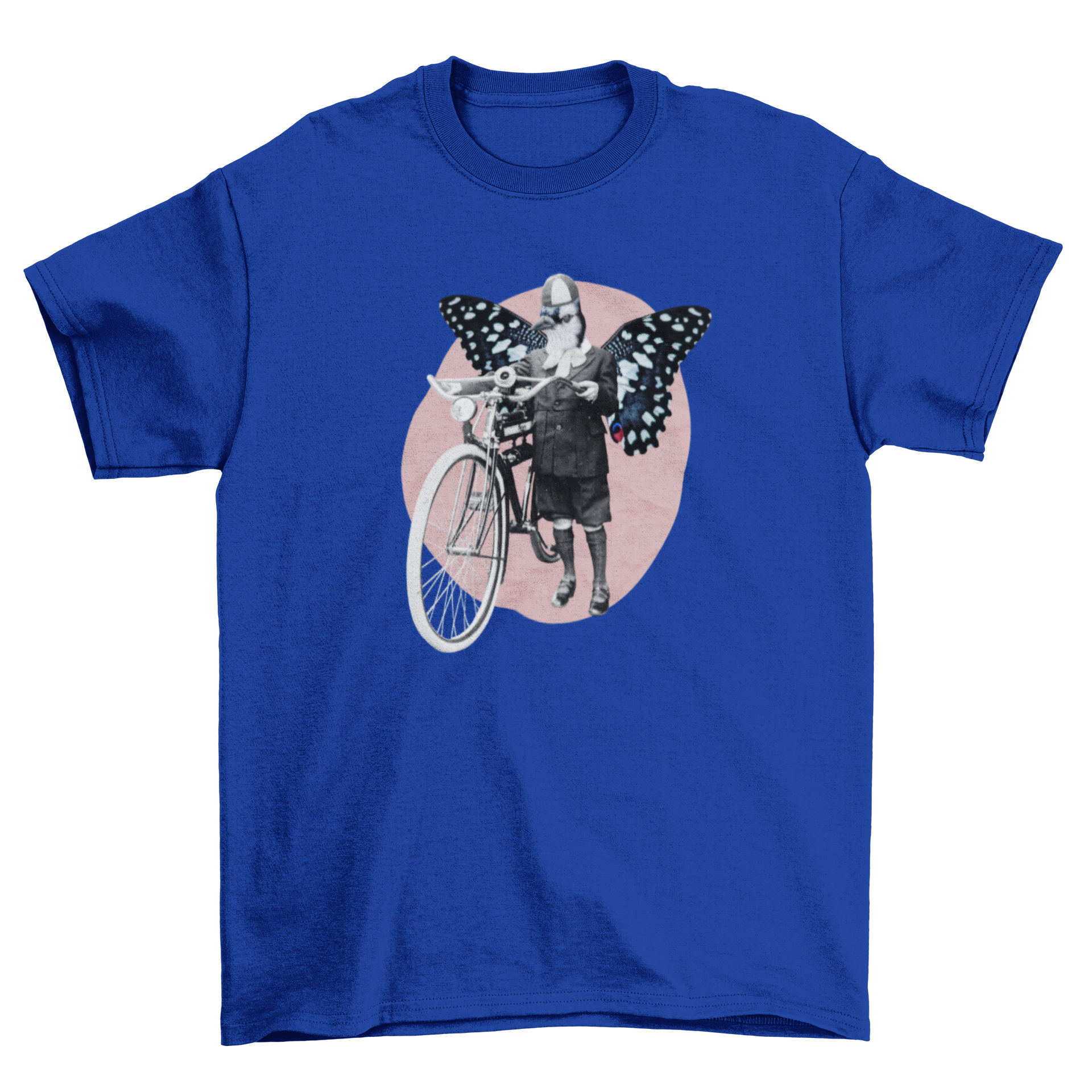 Vintage t-shirt design featuring a woman with butterfly wings and a bicycle in a collage style.