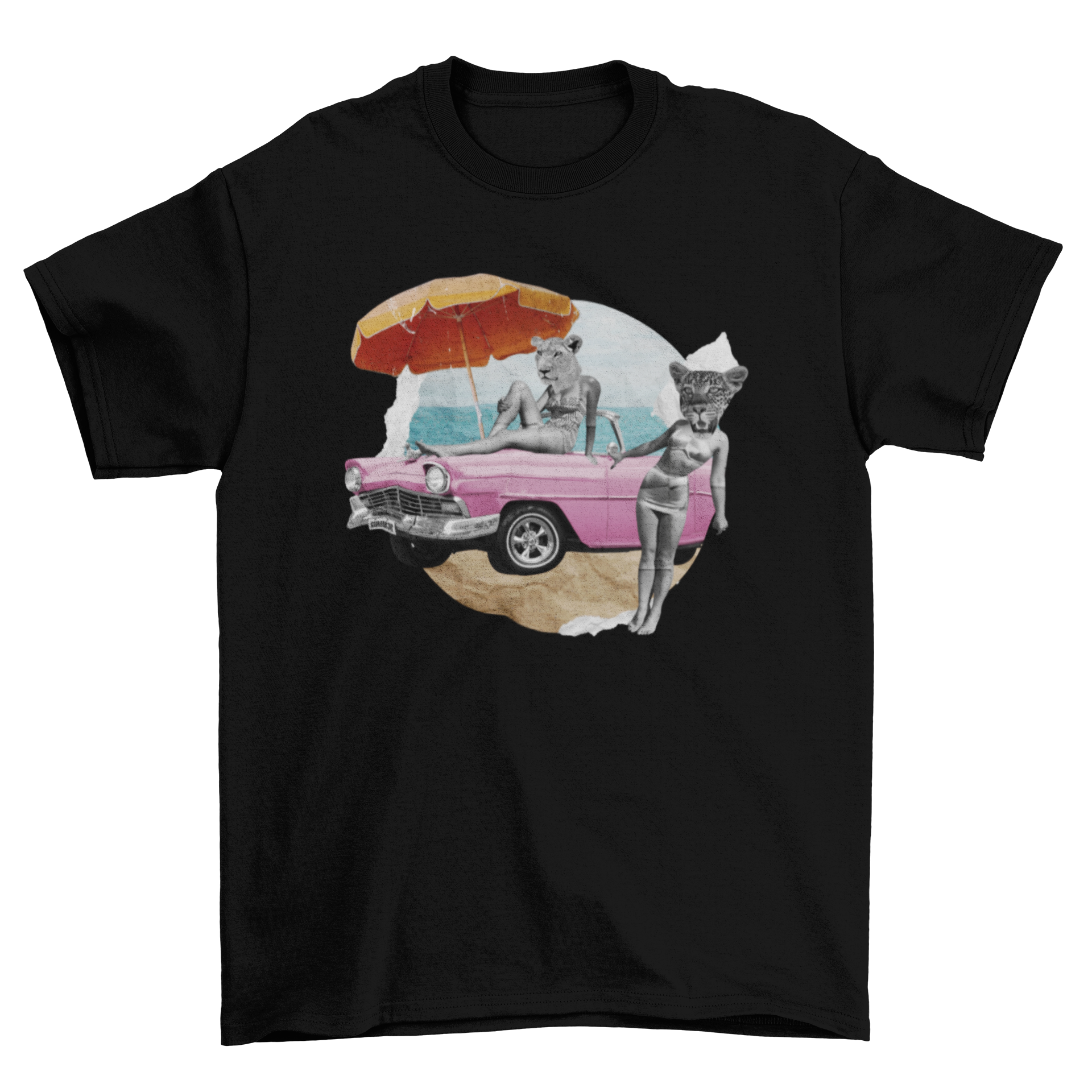 Vintage Fashion T-shirt featuring a man-animal collage and a vintage car design.