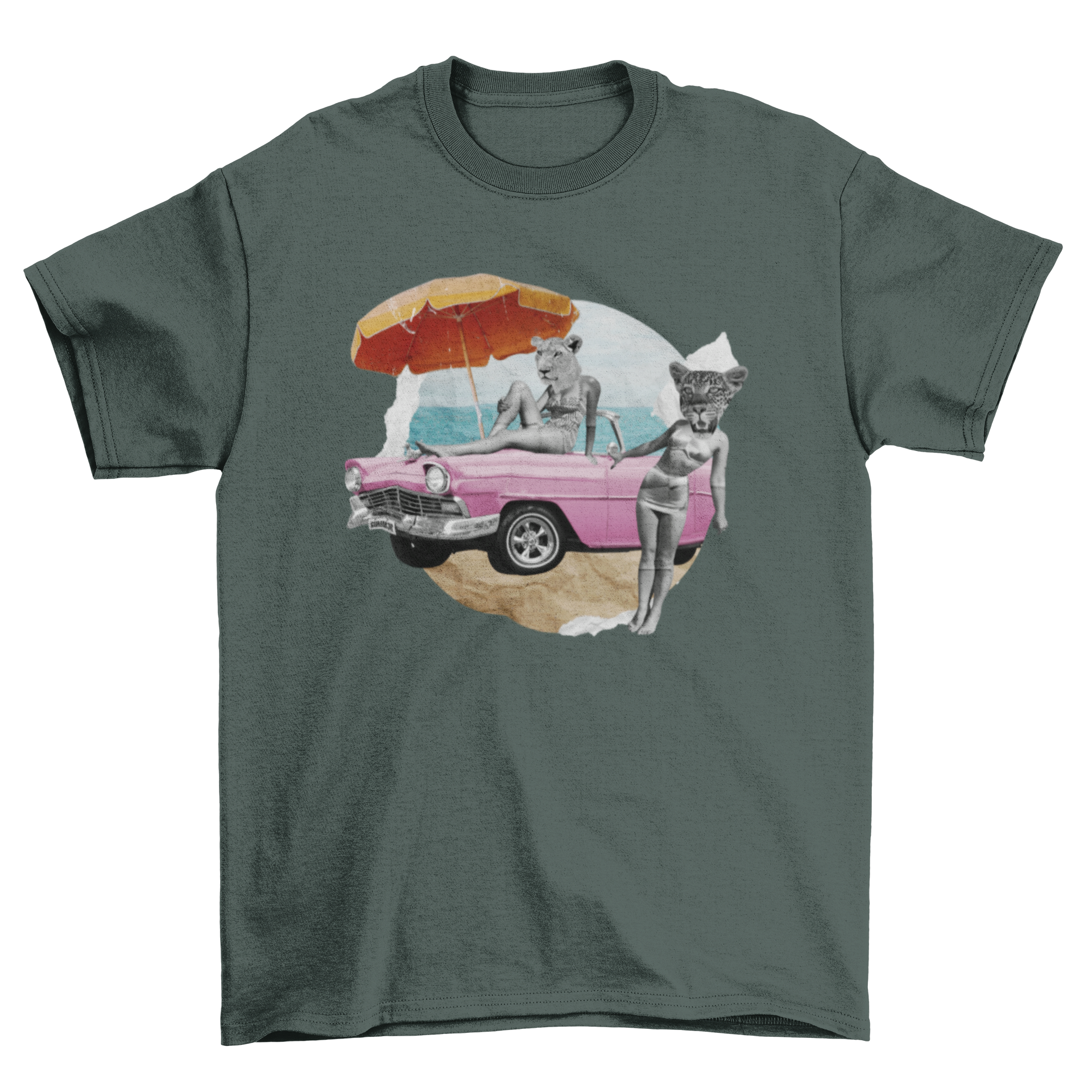 Vintage Fashion T-shirt featuring a man-animal collage and a vintage car design.