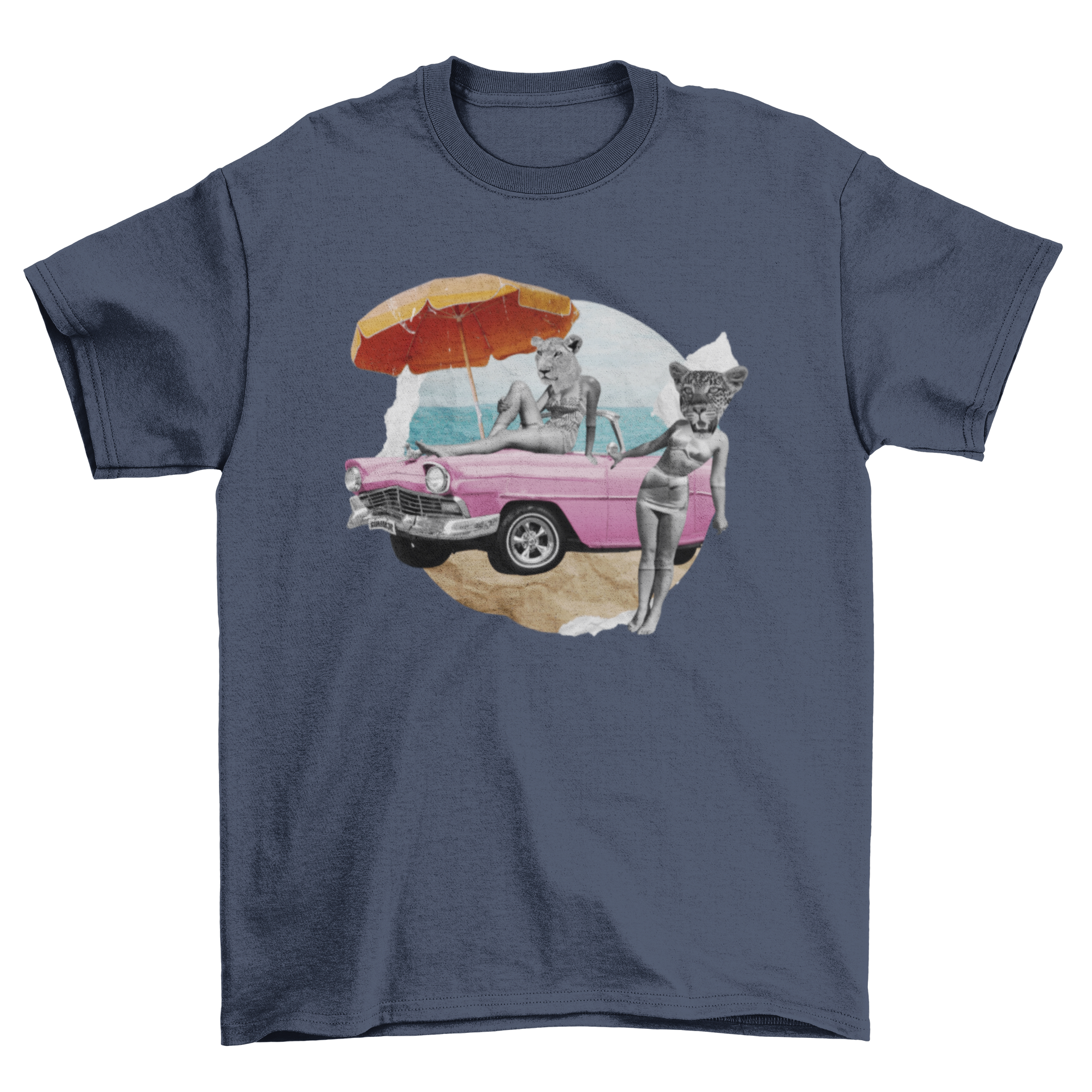 Vintage Fashion T-shirt featuring a man-animal collage and a vintage car design.