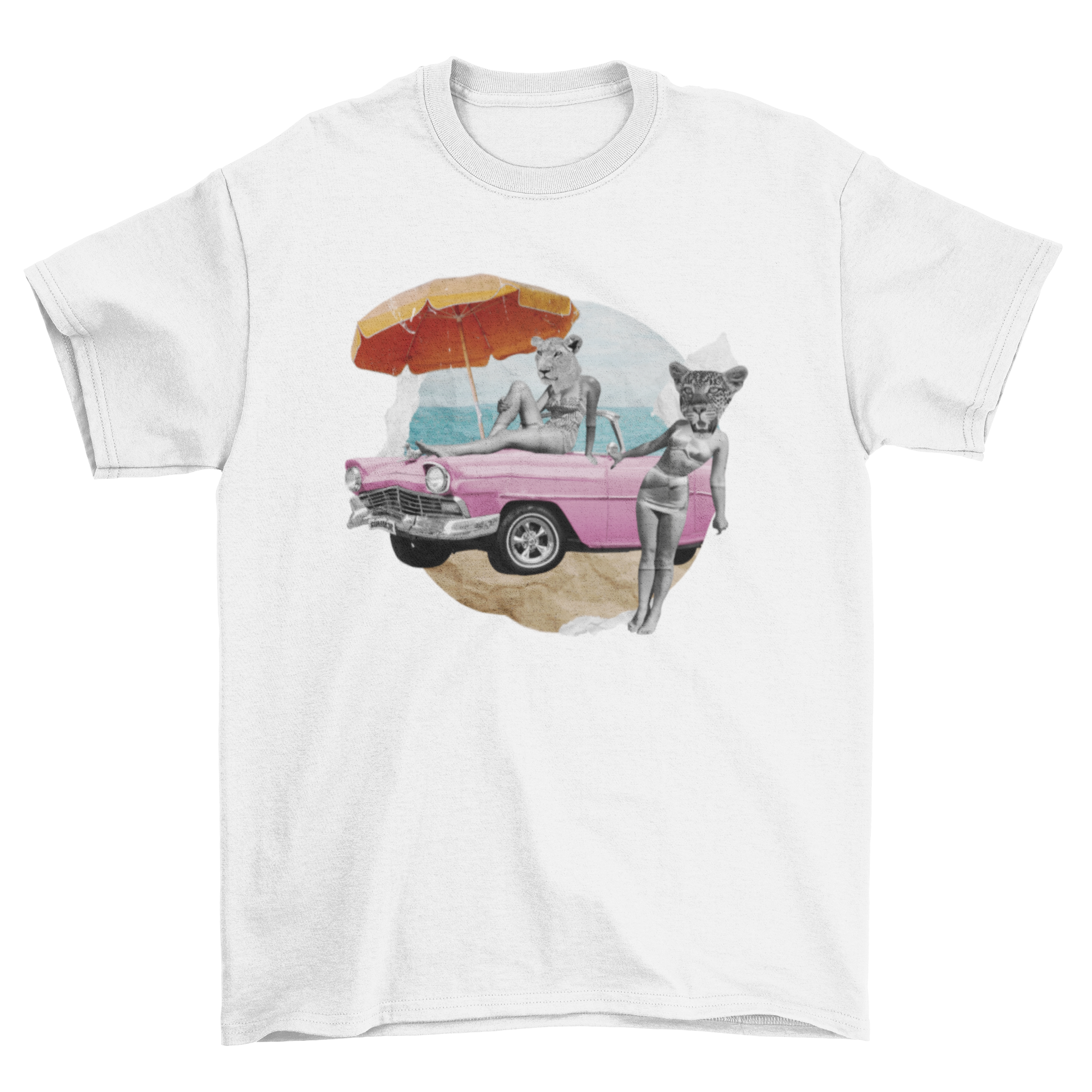 Vintage Fashion T-shirt featuring a man-animal collage and a vintage car design.