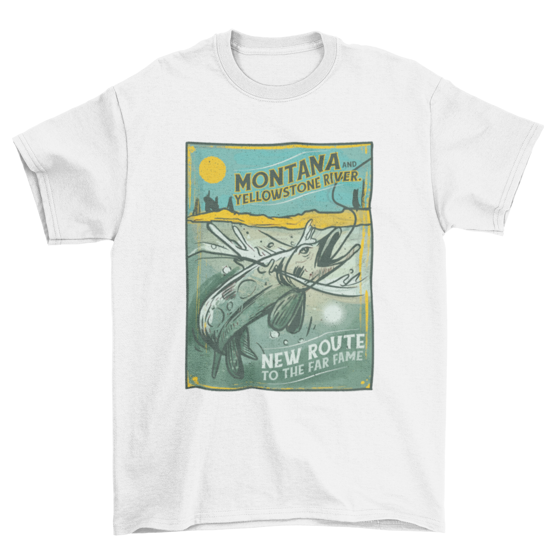 Vintage fishing t-shirt featuring an illustration of the Montana Yellowstone River, showcasing a serene outdoor scene.