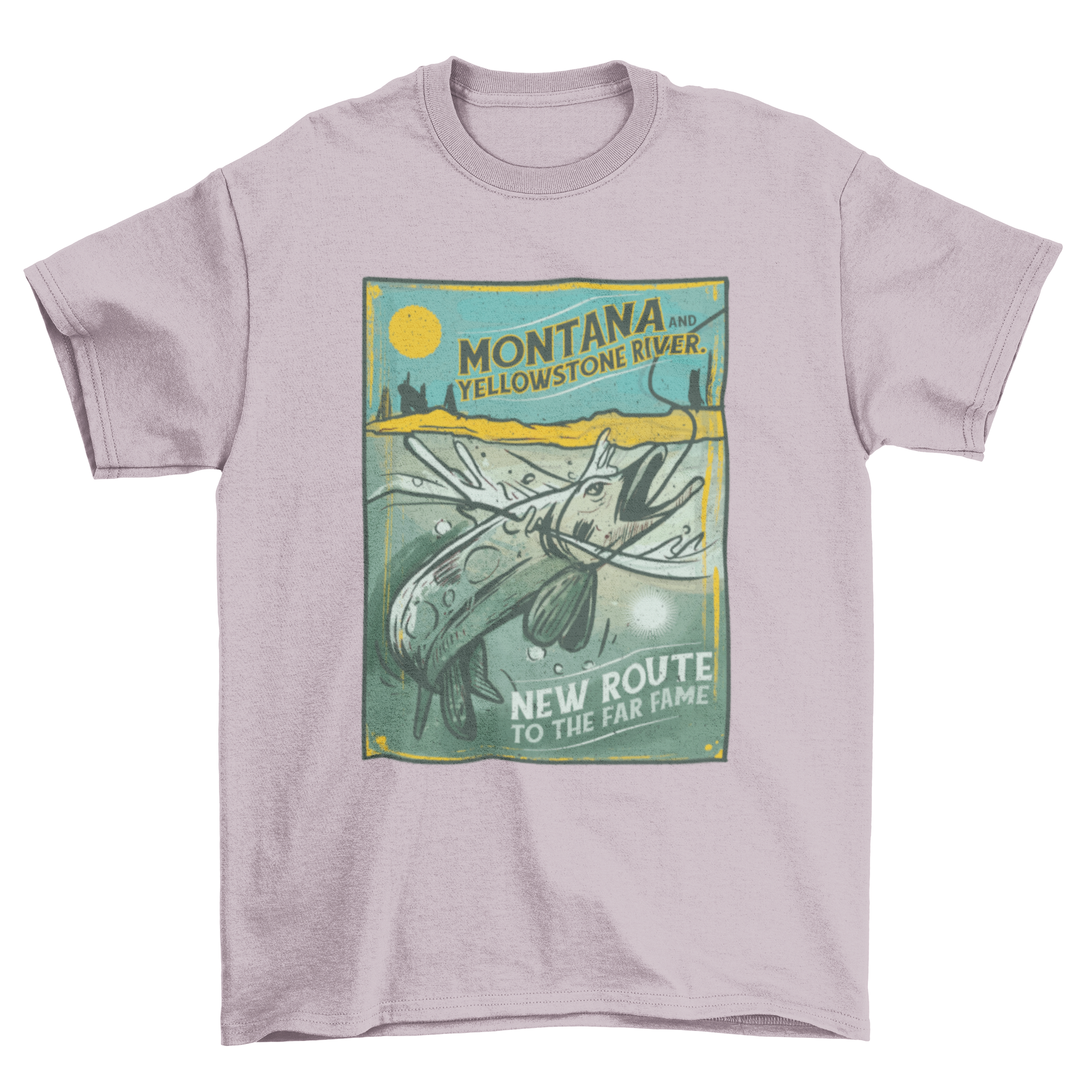 Vintage fishing t-shirt featuring an illustration of the Montana Yellowstone River, showcasing a serene outdoor scene.