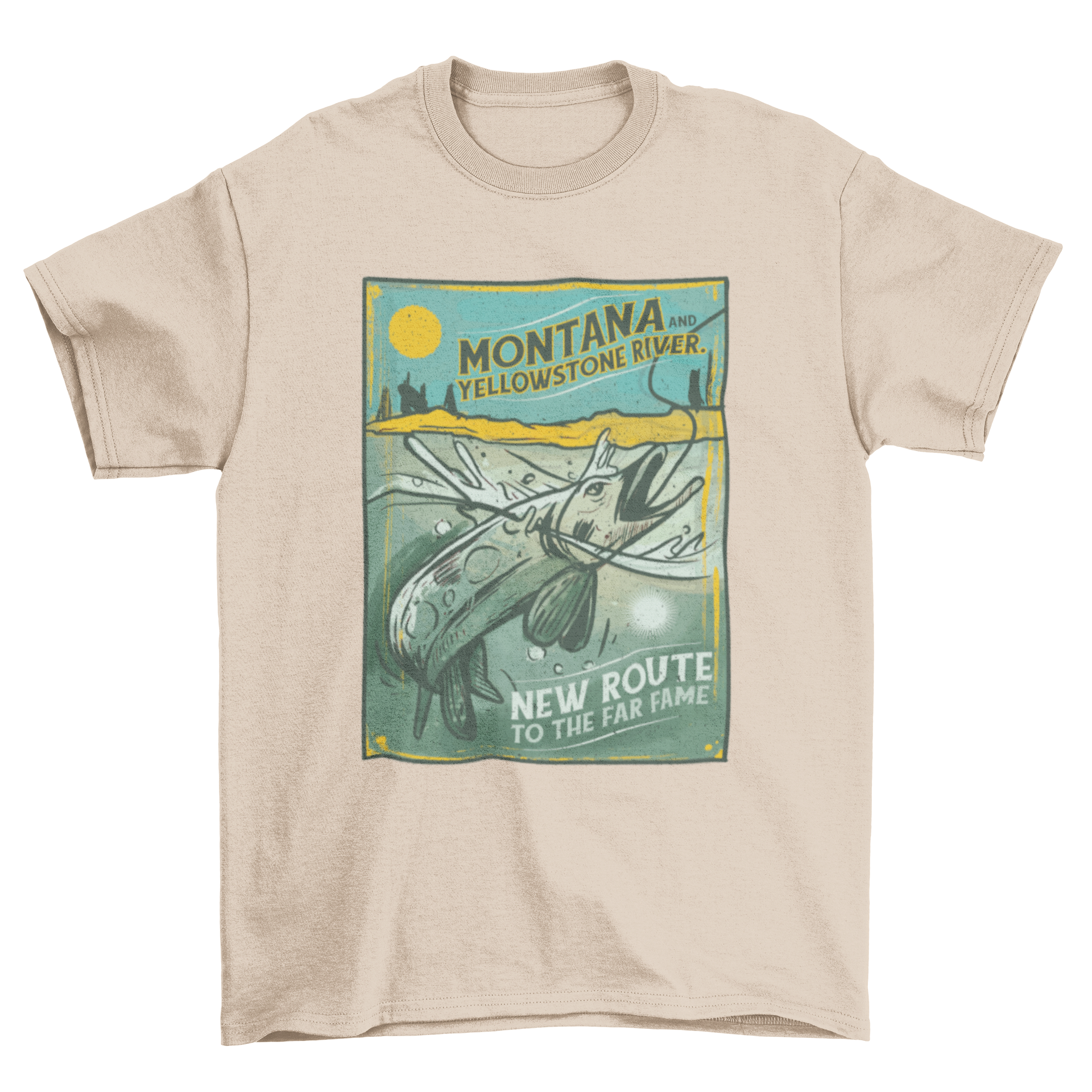 Vintage fishing t-shirt featuring an illustration of the Montana Yellowstone River, showcasing a serene outdoor scene.