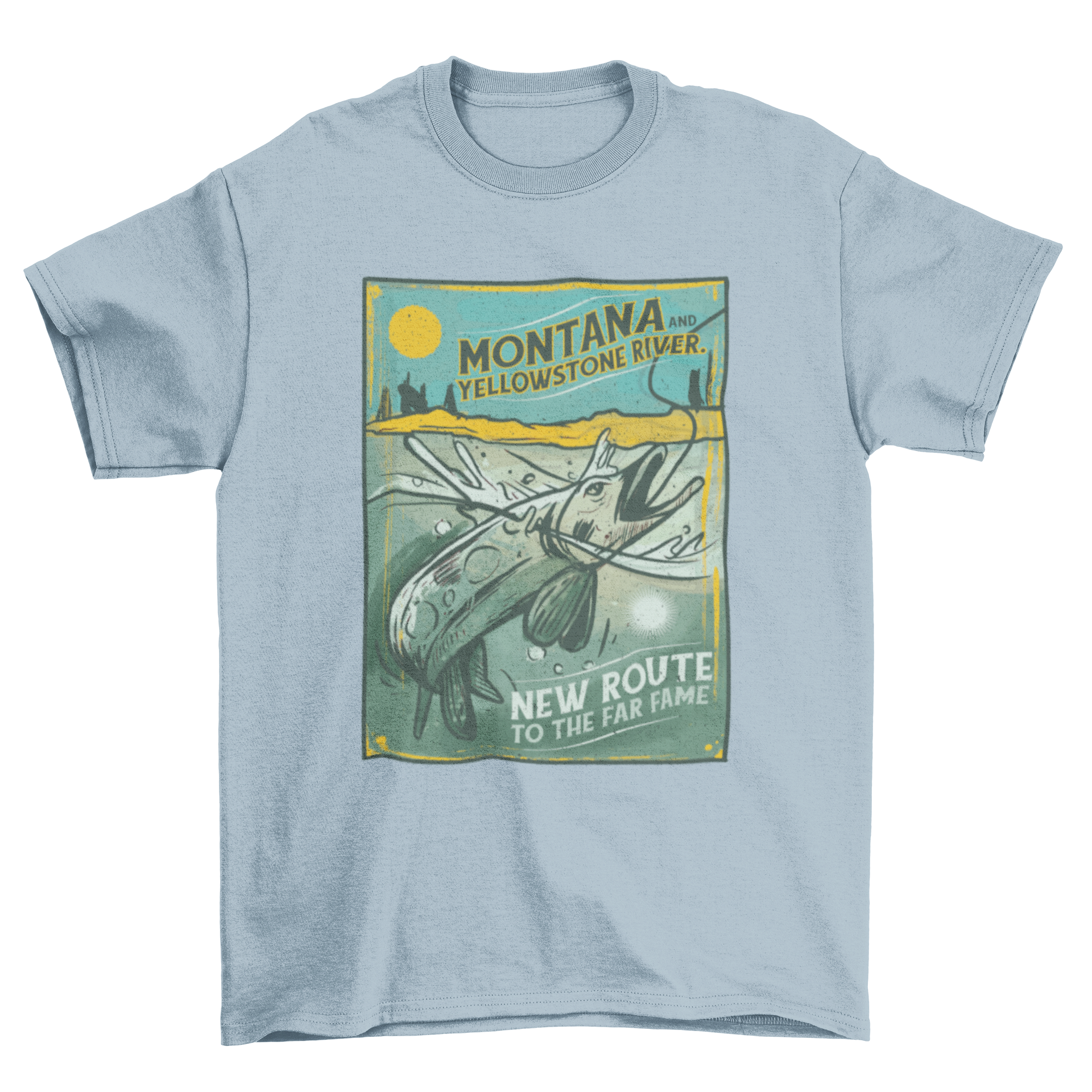 Vintage fishing t-shirt featuring an illustration of the Montana Yellowstone River, showcasing a serene outdoor scene.