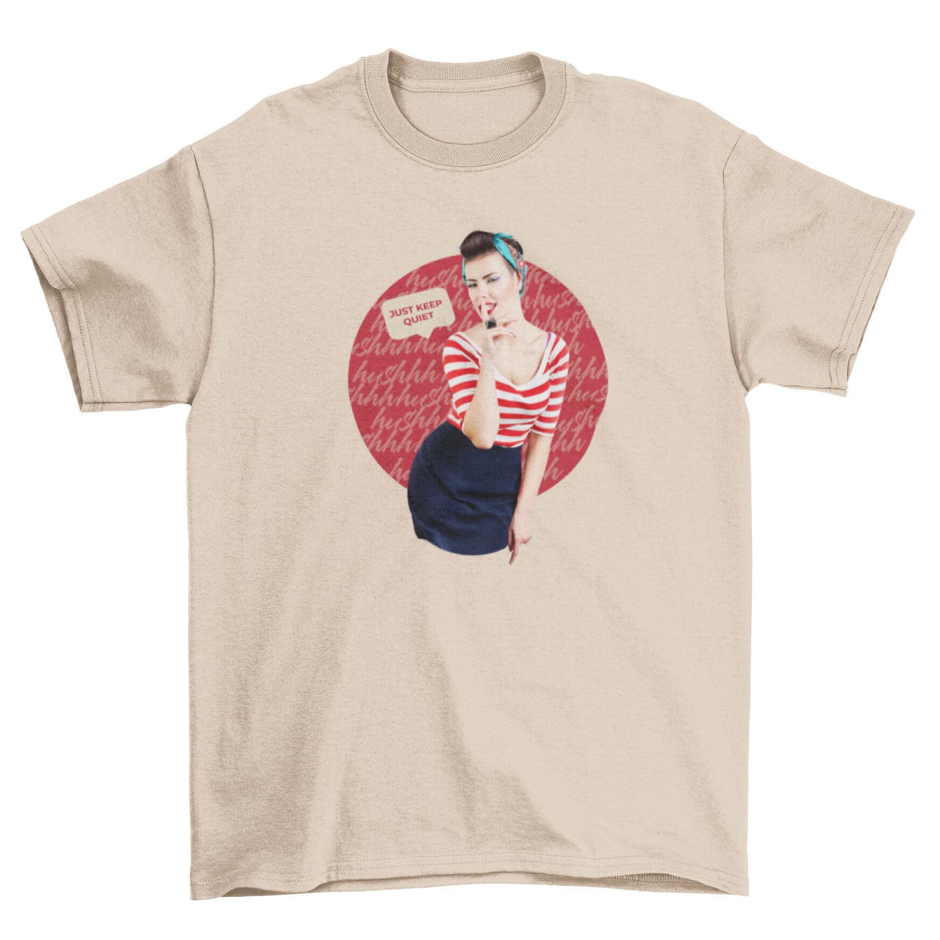 Vintage Girl Retro Graphic Tee featuring a pinup girl with the quote 'Just keep quiet', showcasing a stylish and playful design.