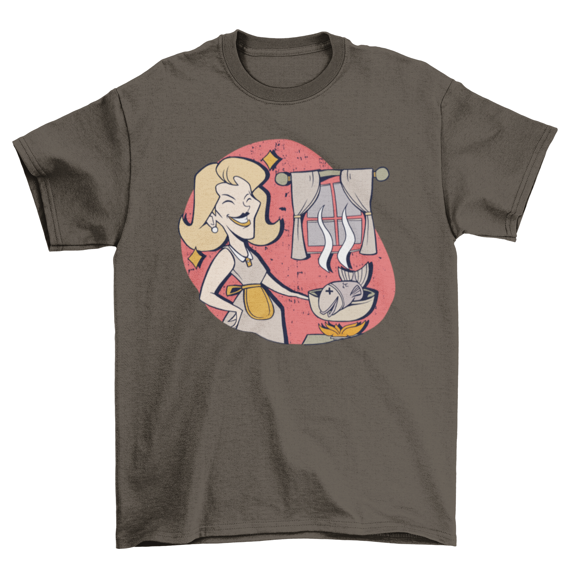 Vintage housewife t-shirt featuring a smiling woman cooking fish in a cozy kitchen setting.