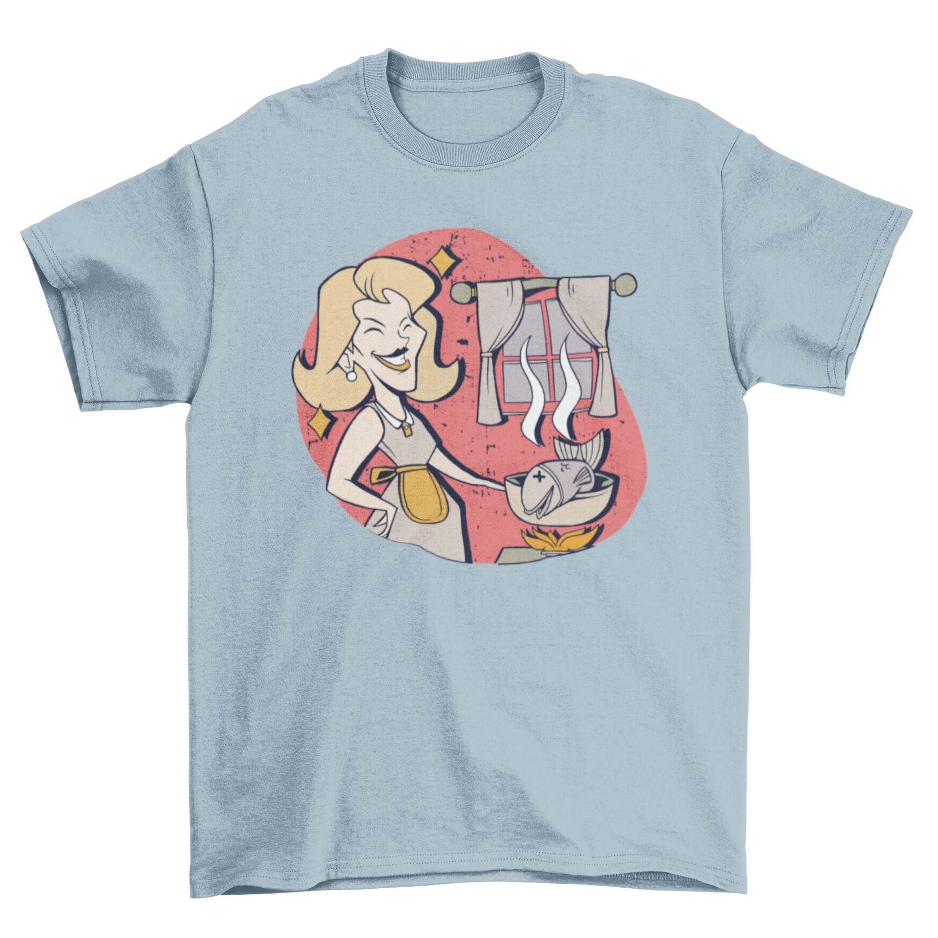 Vintage housewife t-shirt featuring a smiling woman cooking fish in a cozy kitchen setting.