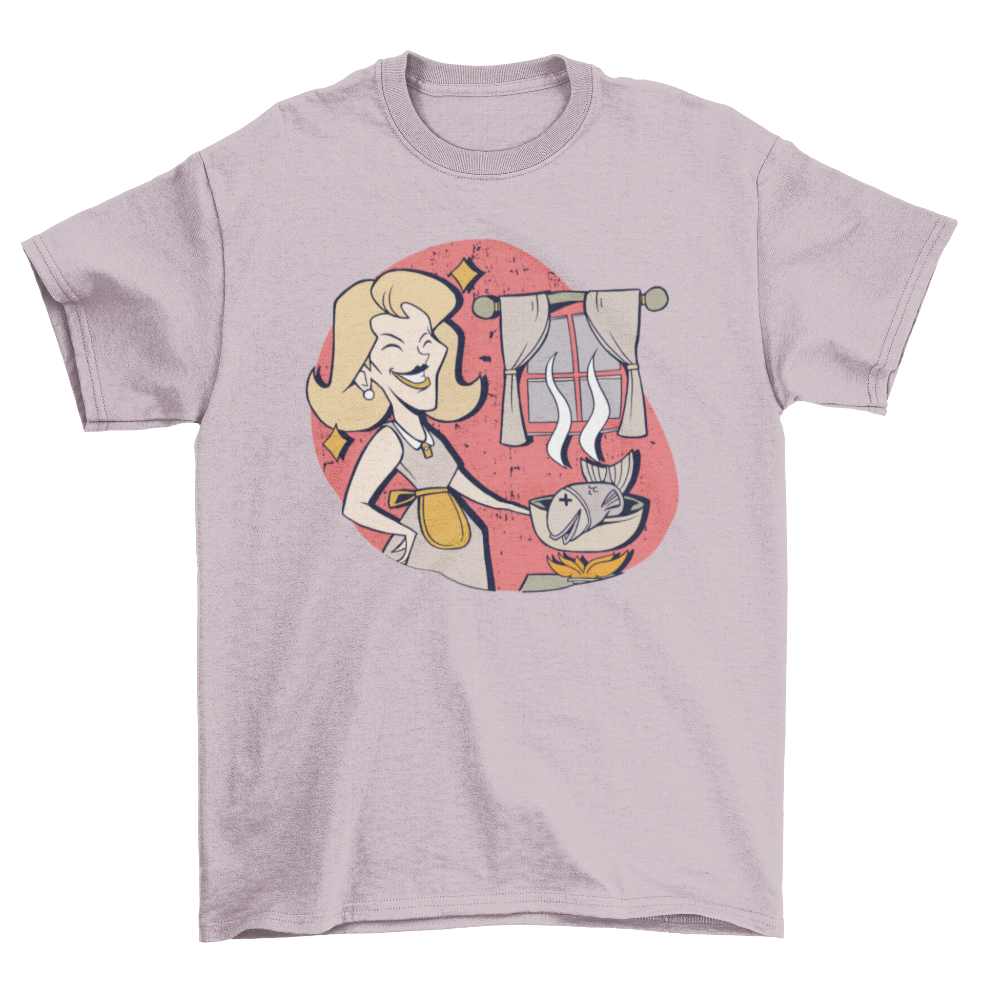 Vintage housewife t-shirt featuring a smiling woman cooking fish in a cozy kitchen setting.