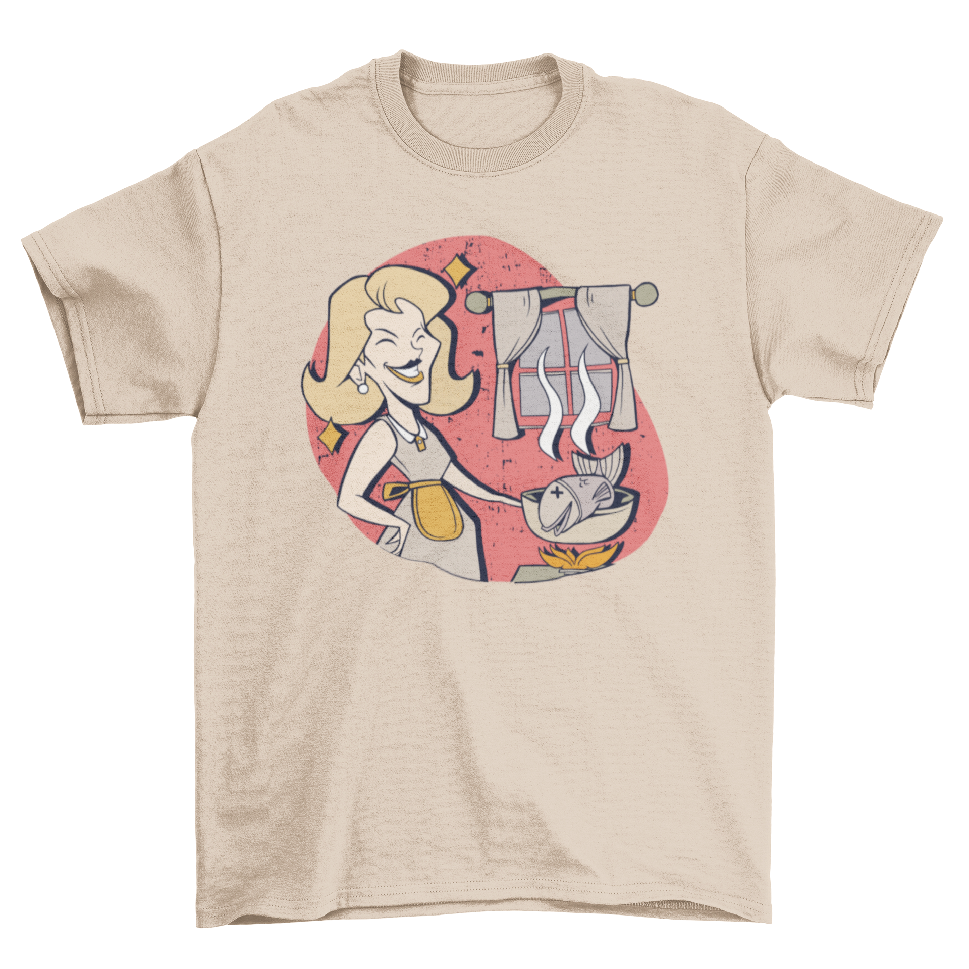 Vintage housewife t-shirt featuring a smiling woman cooking fish in a cozy kitchen setting.