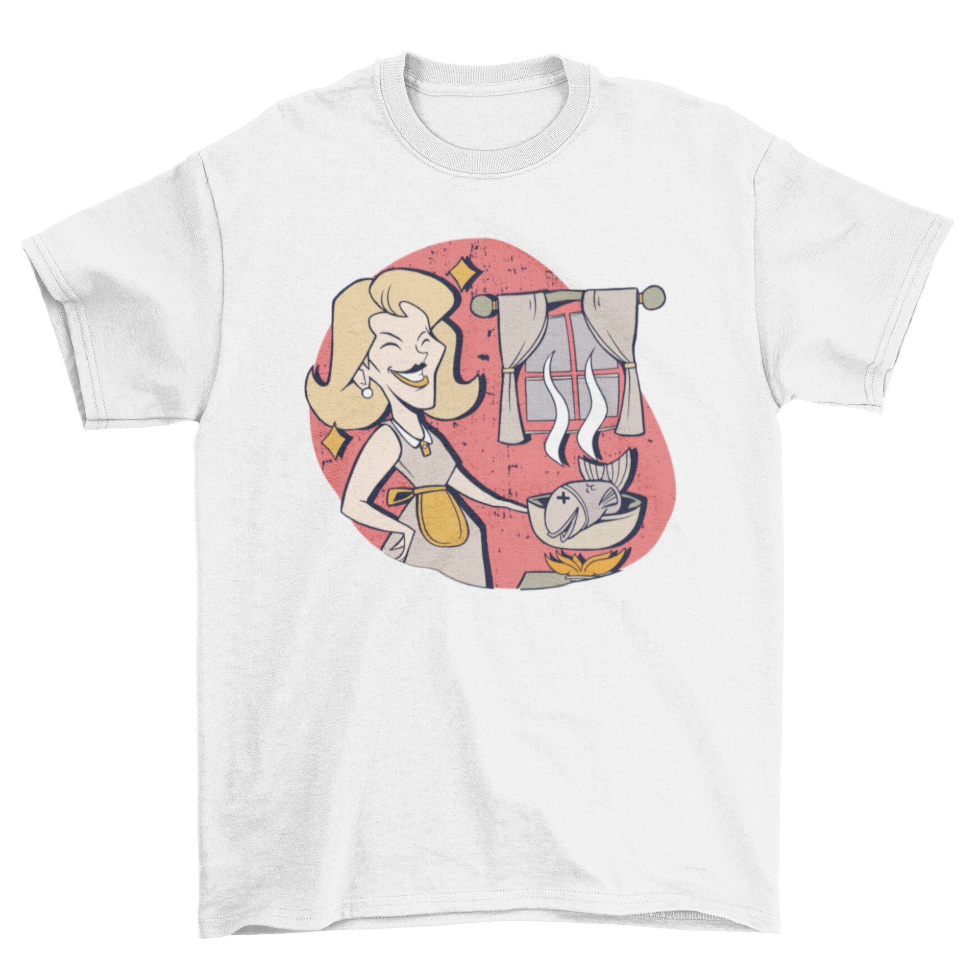 Vintage housewife t-shirt featuring a smiling woman cooking fish in a cozy kitchen setting.