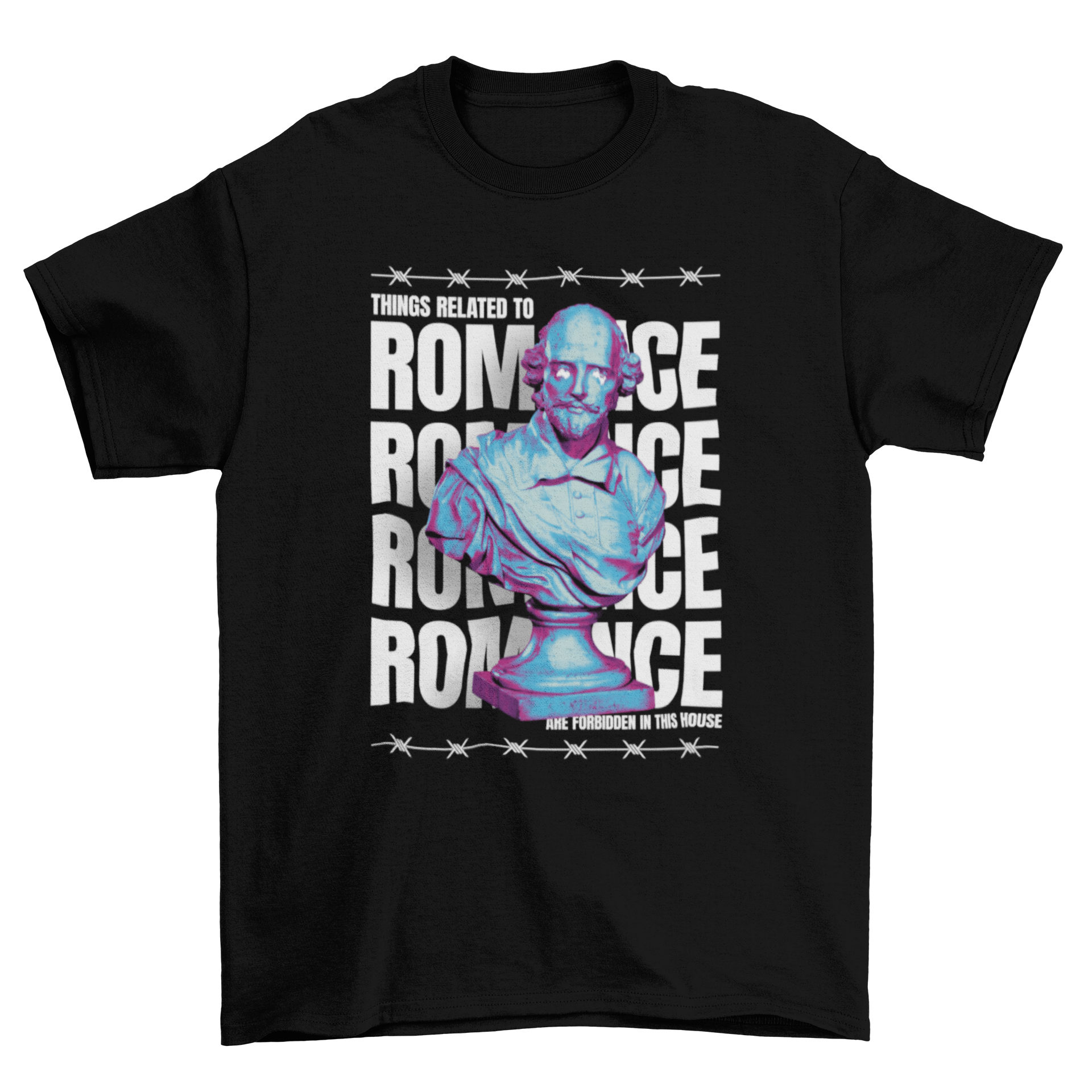 Vintage Shake Spear Trap statue t-shirt featuring an edgy romance quote in photographic style, showcasing artistic design and quality fabric.