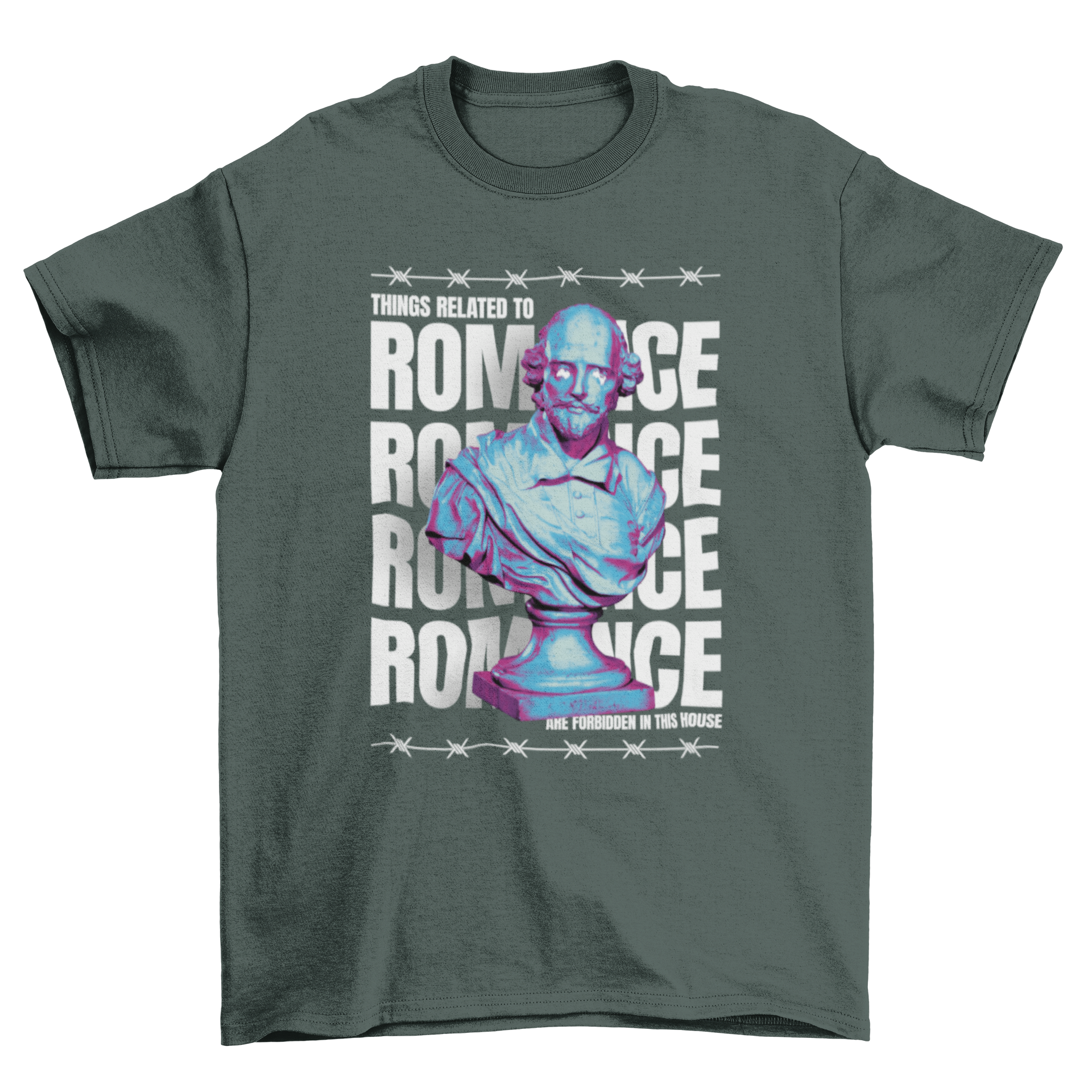 Vintage Shake Spear Trap statue t-shirt featuring an edgy romance quote in photographic style, showcasing artistic design and quality fabric.