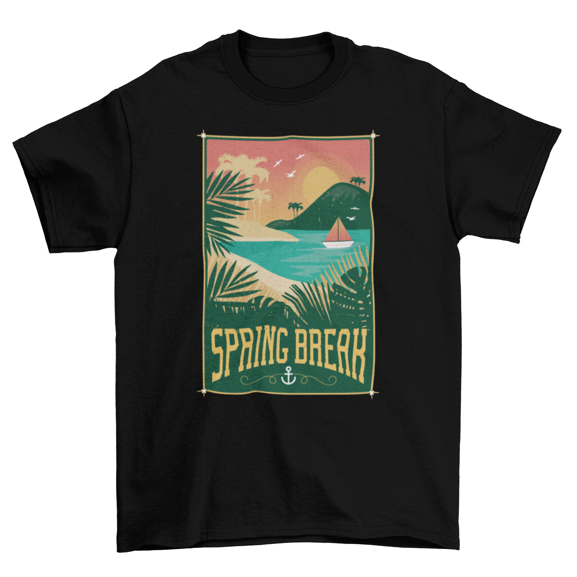 A Vintage Spring Break T-Shirt featuring a retro beach-themed design with vibrant colors and artistic details, perfect for Spring vacations.