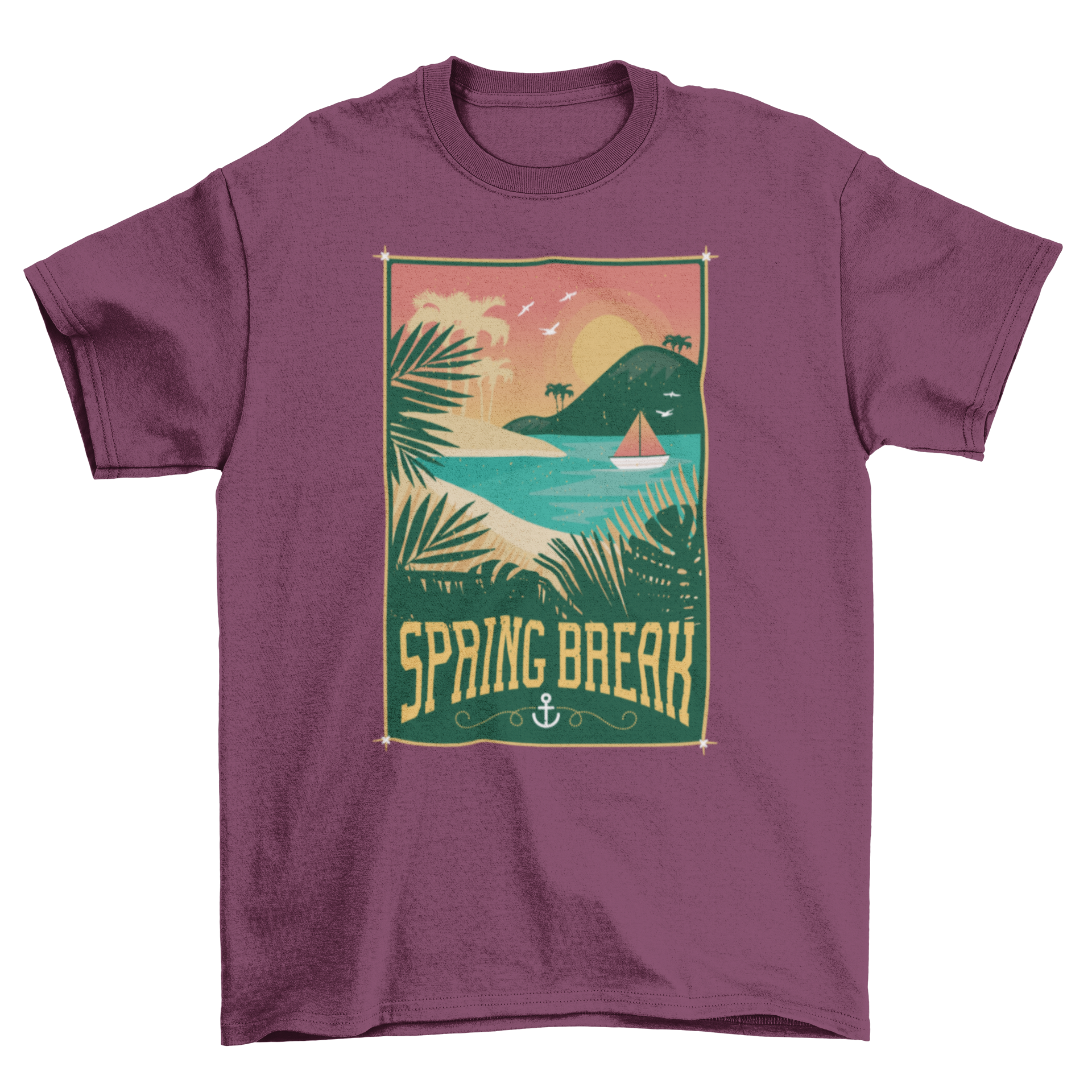 A Vintage Spring Break T-Shirt featuring a retro beach-themed design with vibrant colors and artistic details, perfect for Spring vacations.