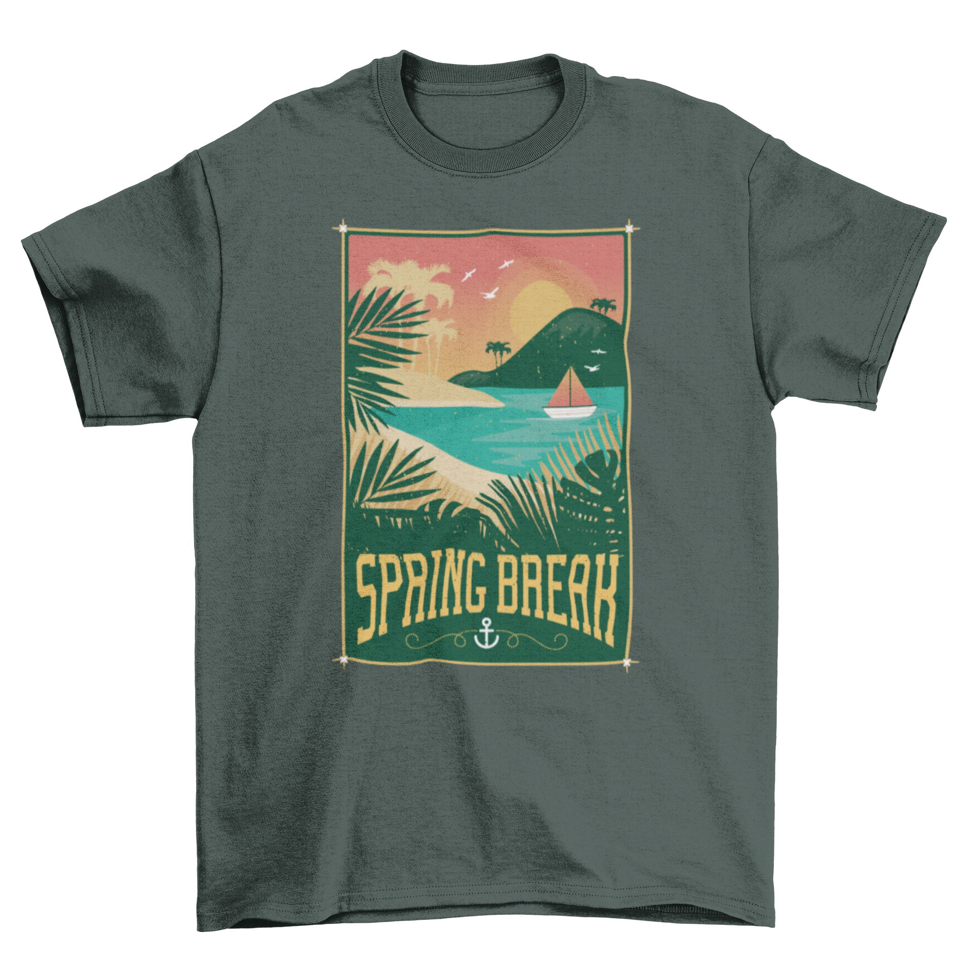 A Vintage Spring Break T-Shirt featuring a retro beach-themed design with vibrant colors and artistic details, perfect for Spring vacations.