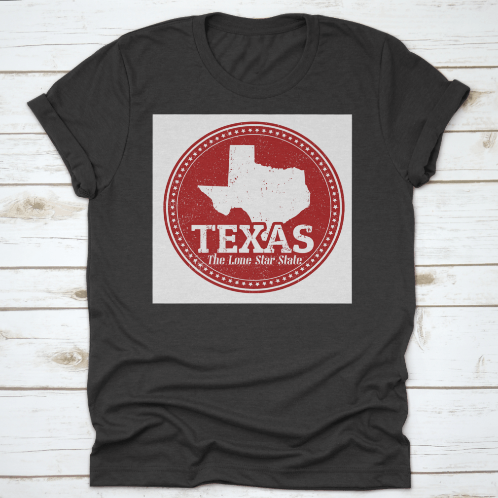 Vintage Stamp T-shirt featuring 'The Lone Star State' text and a detailed map of Texas, showcasing a unique design.