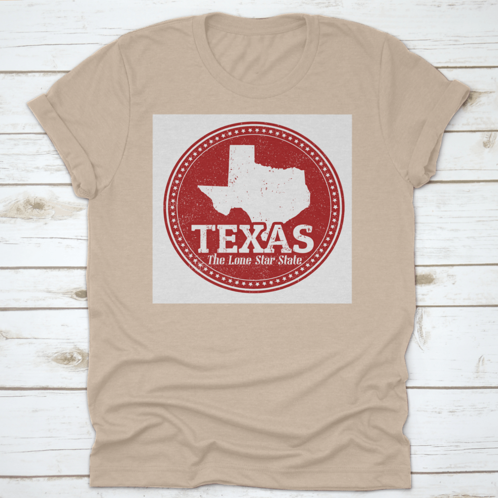 Vintage Stamp T-shirt featuring 'The Lone Star State' text and a detailed map of Texas, showcasing a unique design.