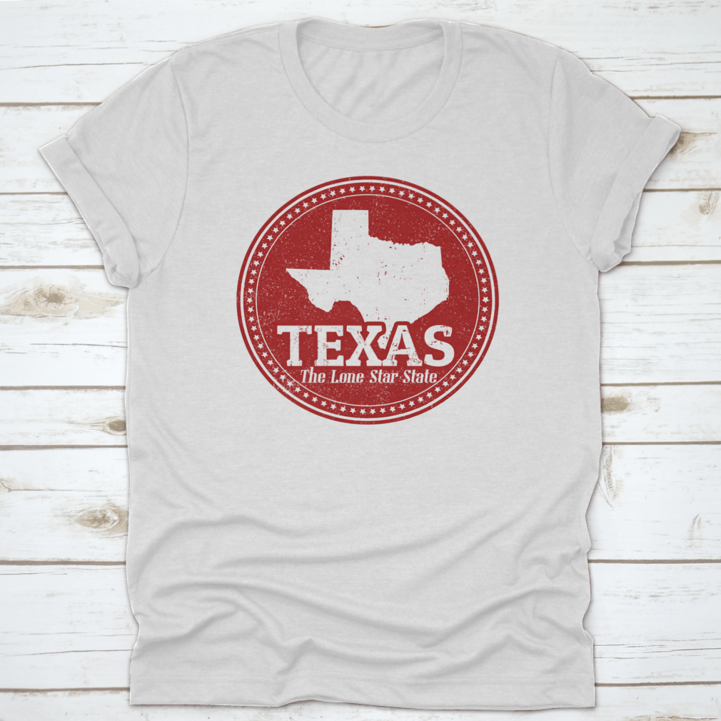 Vintage Stamp T-shirt featuring 'The Lone Star State' text and a detailed map of Texas, showcasing a unique design.