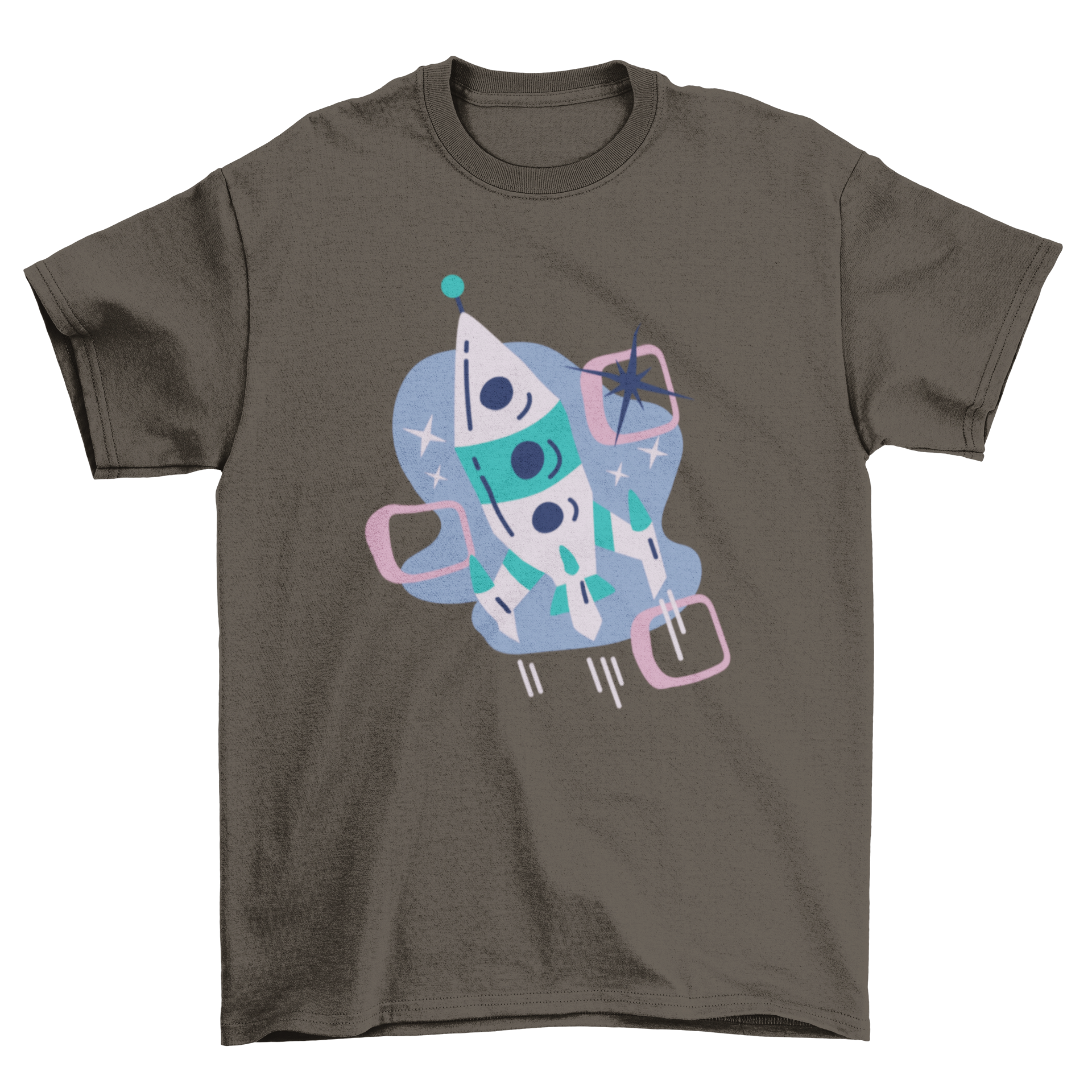 A vintage style t-shirt featuring a retro rocket design, perfect for space enthusiasts.