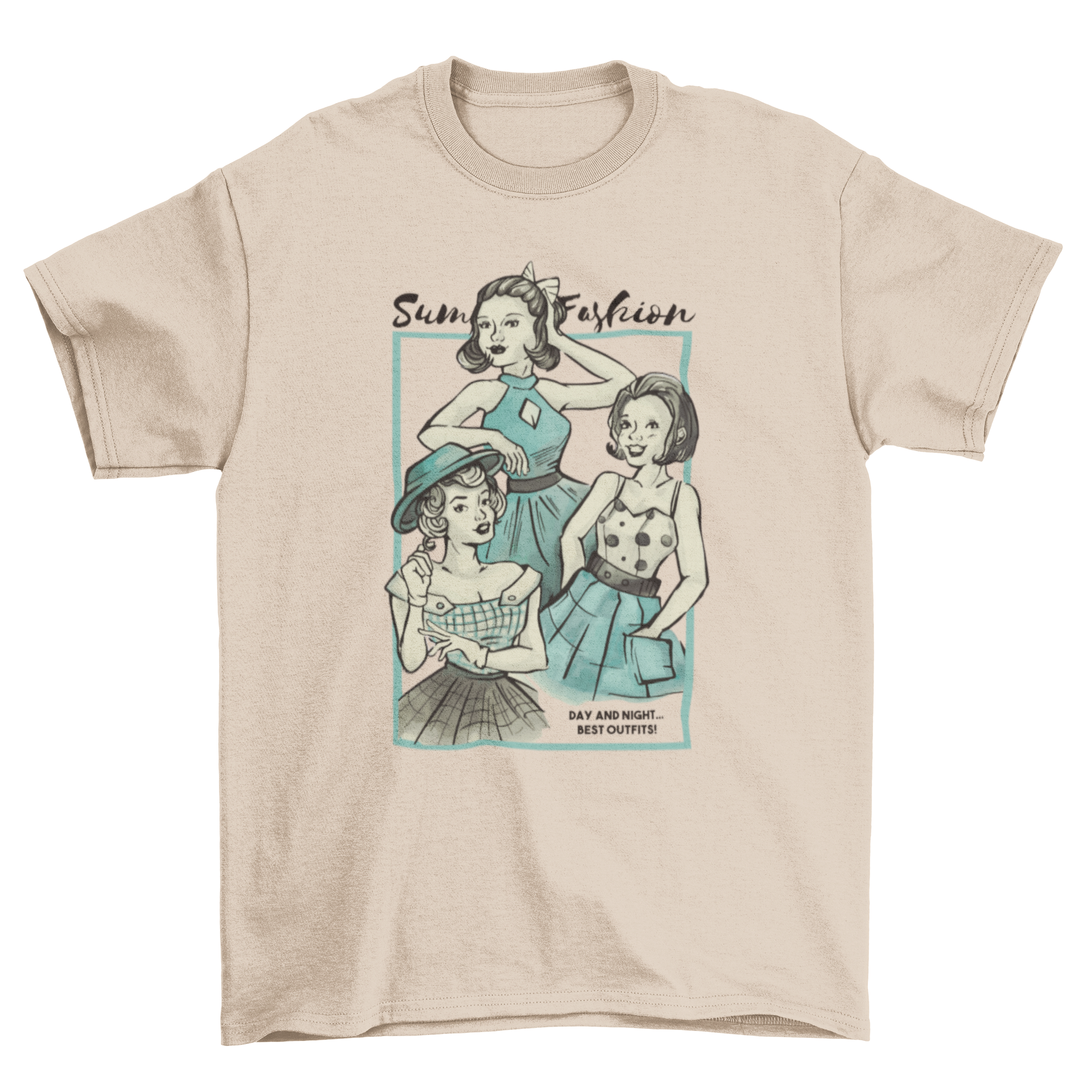 Vintage summer fashion t-shirt featuring three girls in stylish outfits with quotes.