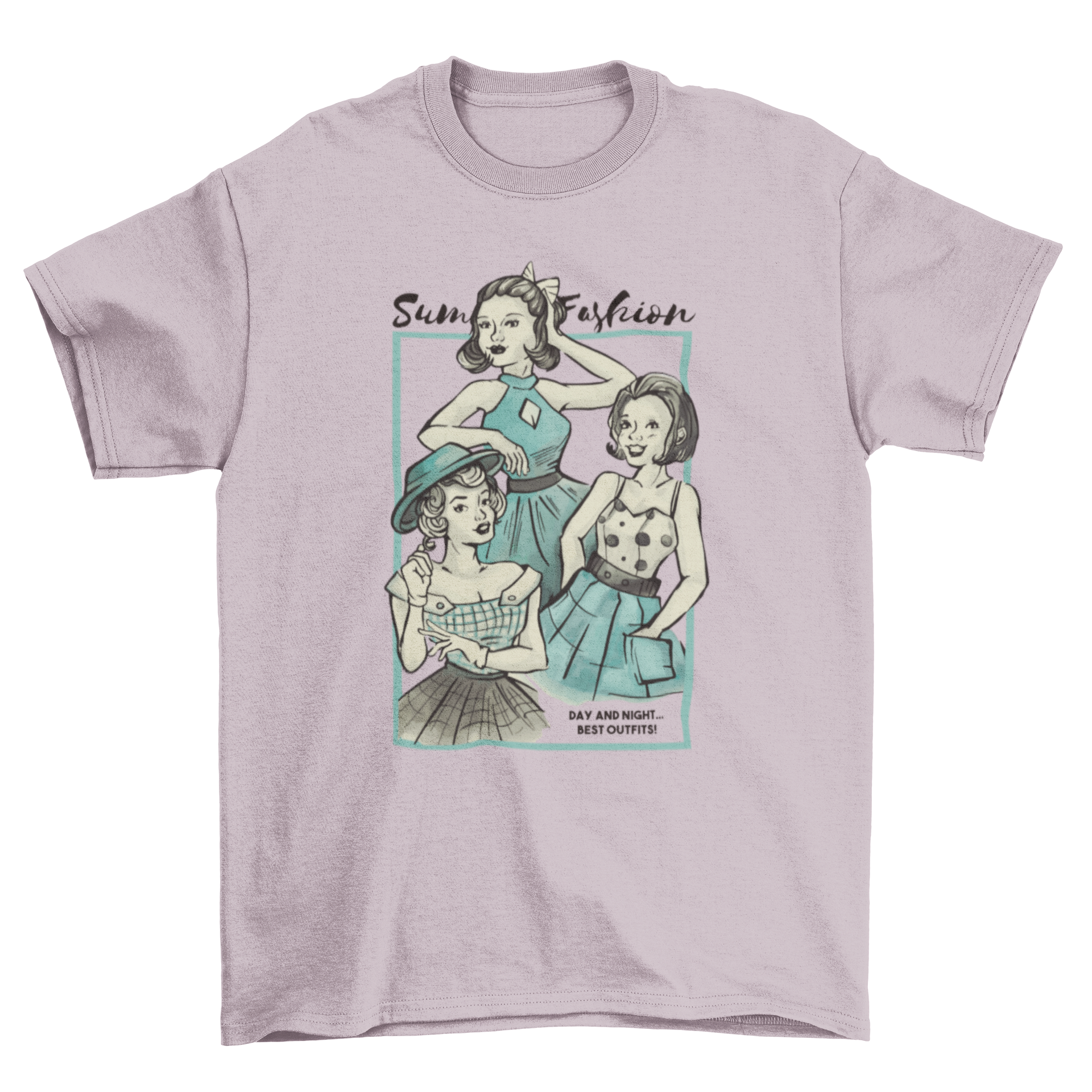 Vintage summer fashion t-shirt featuring three girls in stylish outfits with quotes.