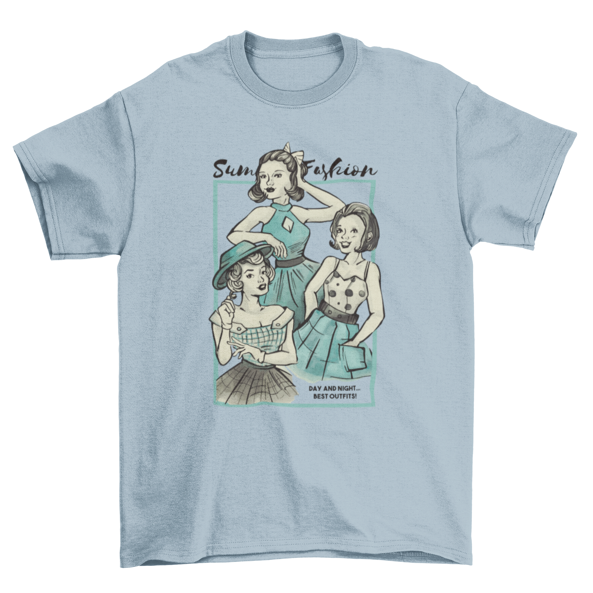 Vintage summer fashion t-shirt featuring three girls in stylish outfits with quotes.