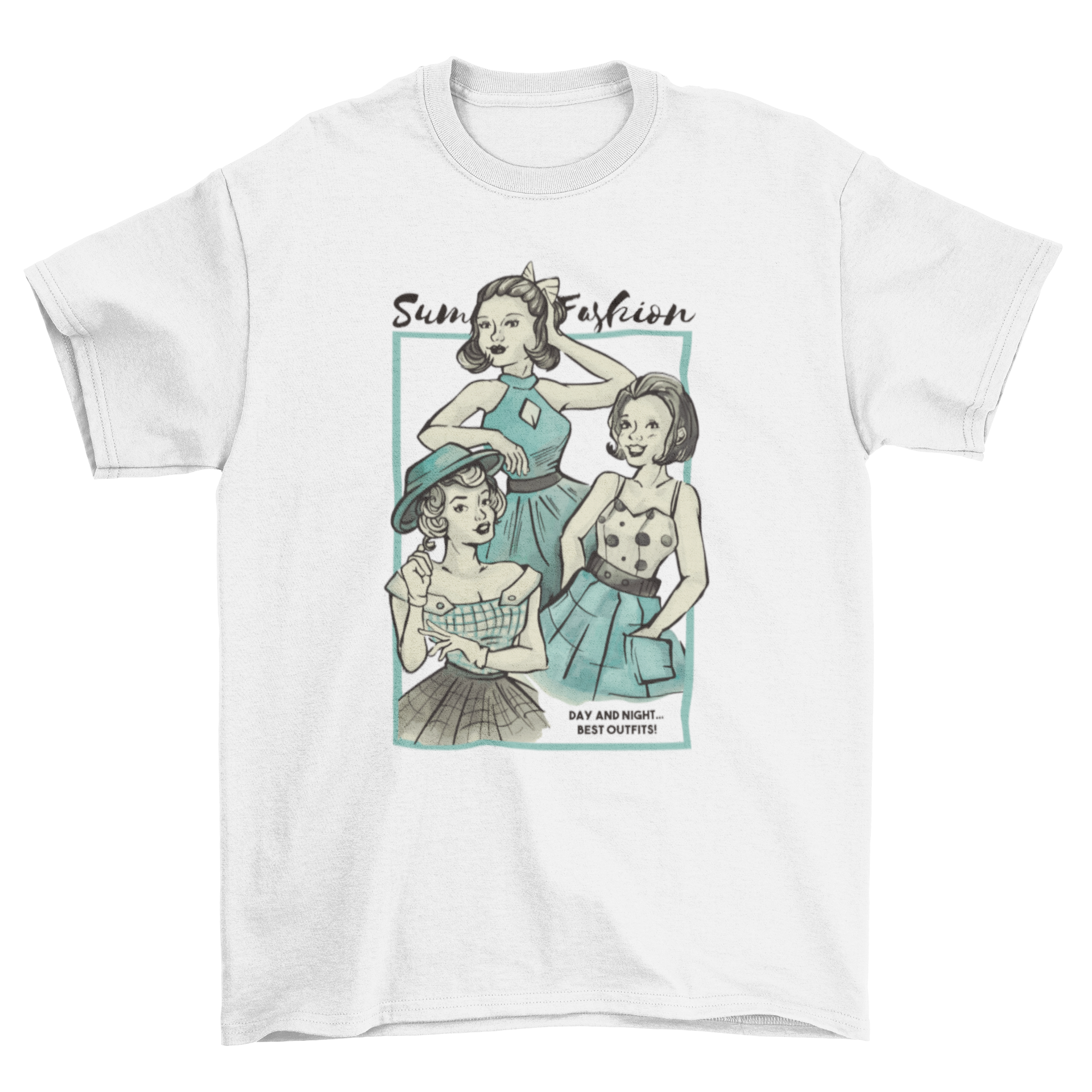 Vintage summer fashion t-shirt featuring three girls in stylish outfits with quotes.