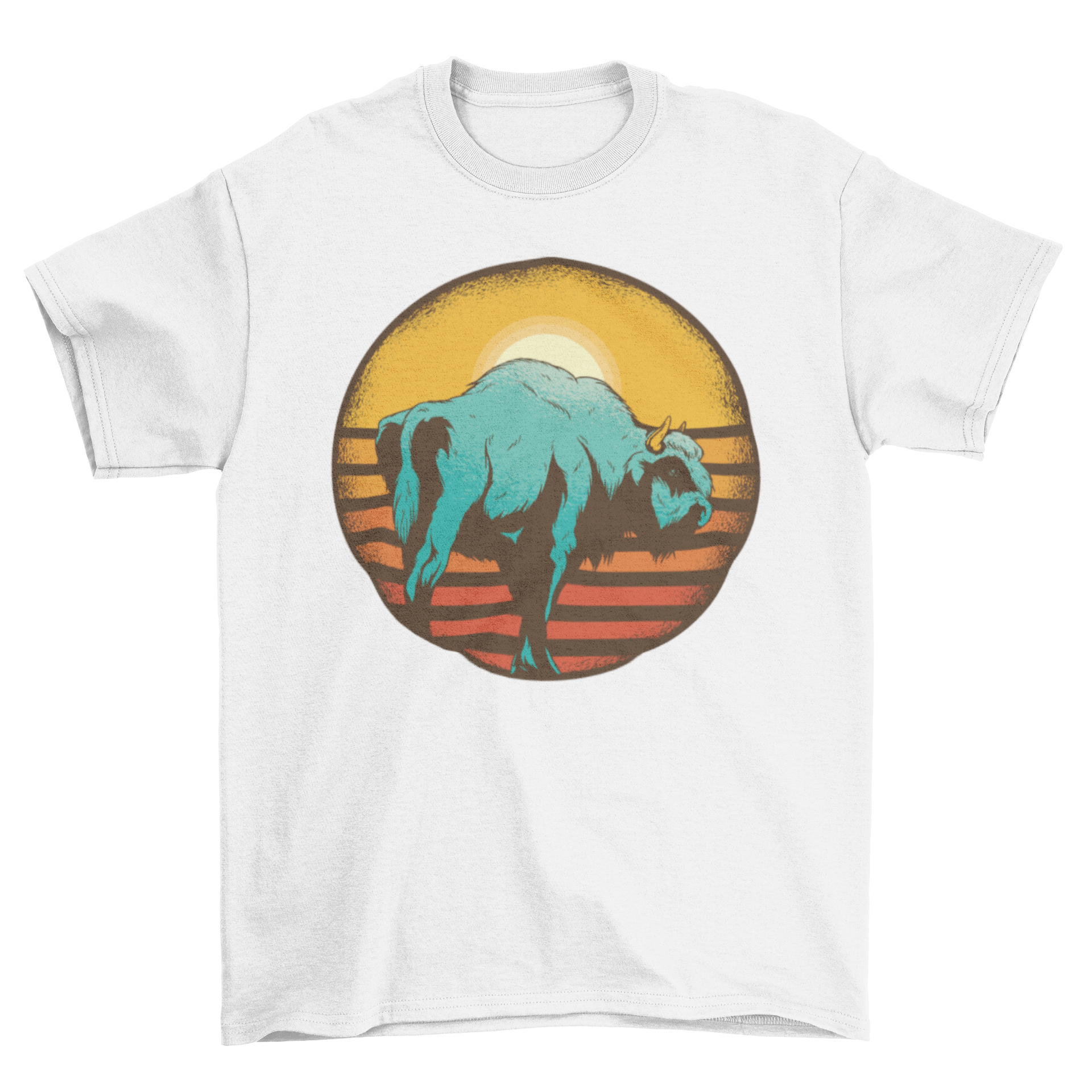 Vintage Sunset Bison T-shirt featuring a bison graphic against a retro sunset background.