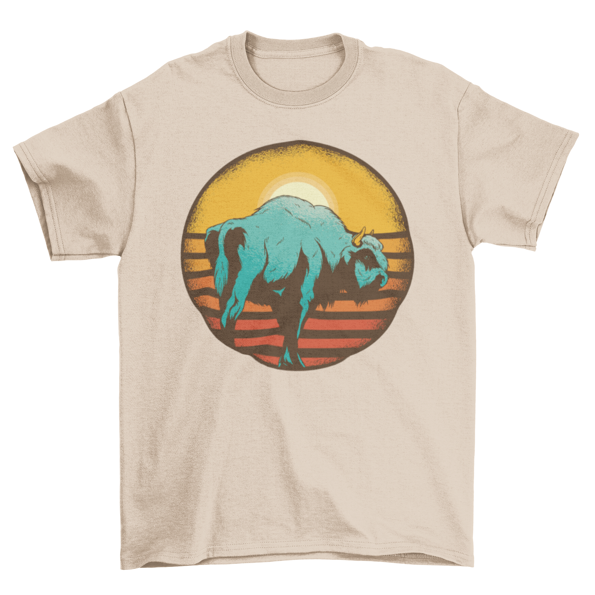 Vintage Sunset Bison T-shirt featuring a bison graphic against a retro sunset background.