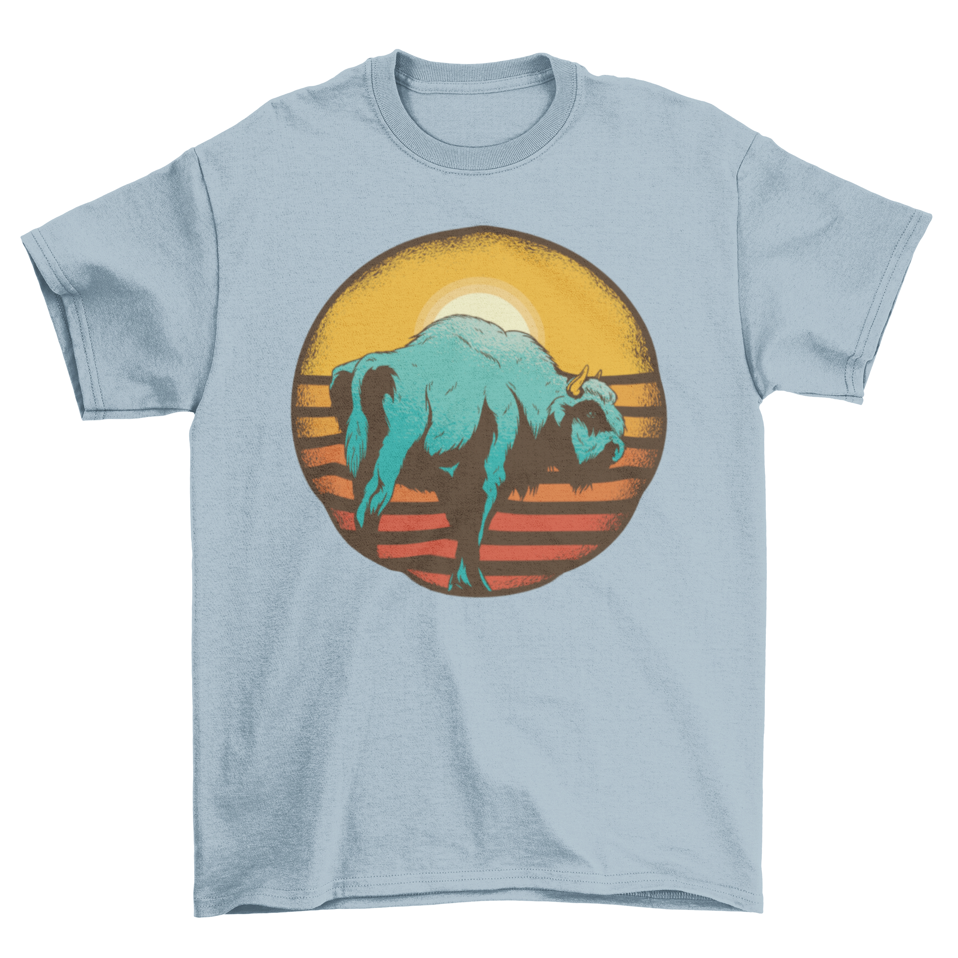 Vintage Sunset Bison T-shirt featuring a bison graphic against a retro sunset background.