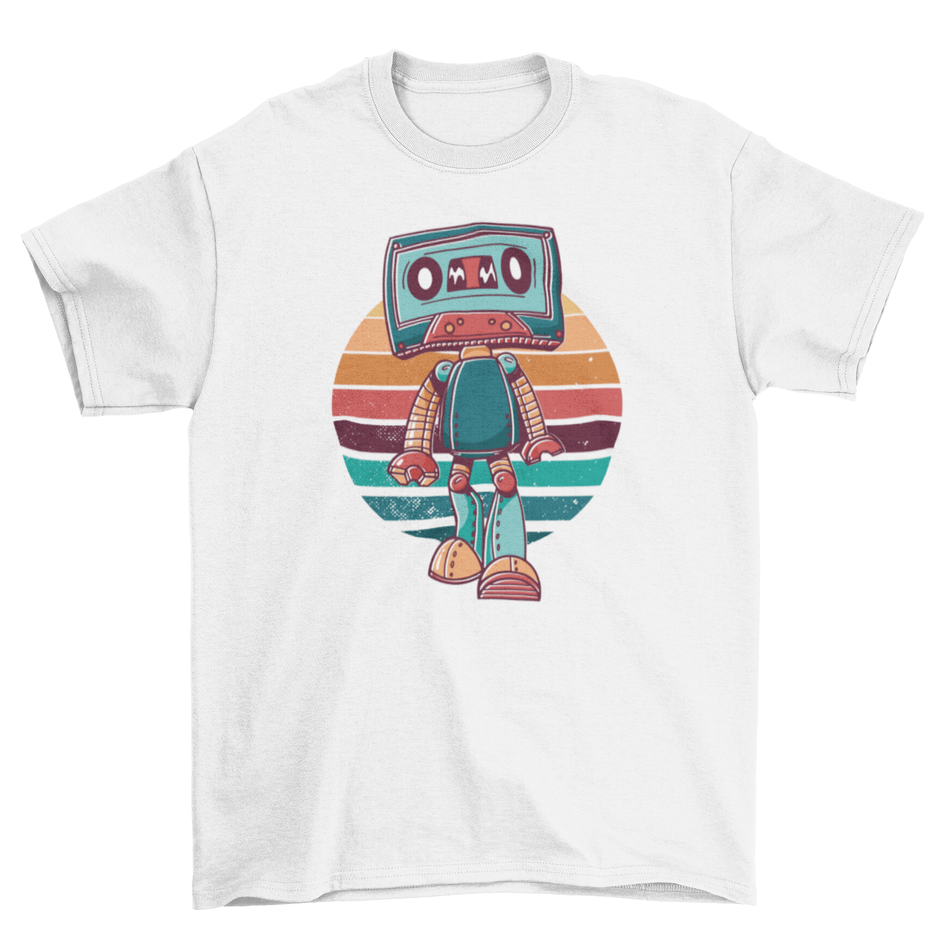 Vintage Tape Cartoon T-shirt featuring a cassette tape robot design in a retro style.