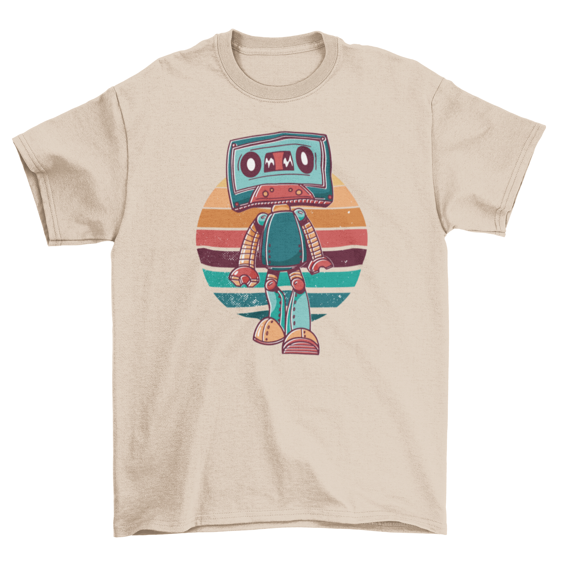 Vintage Tape Cartoon T-shirt featuring a cassette tape robot design in a retro style.