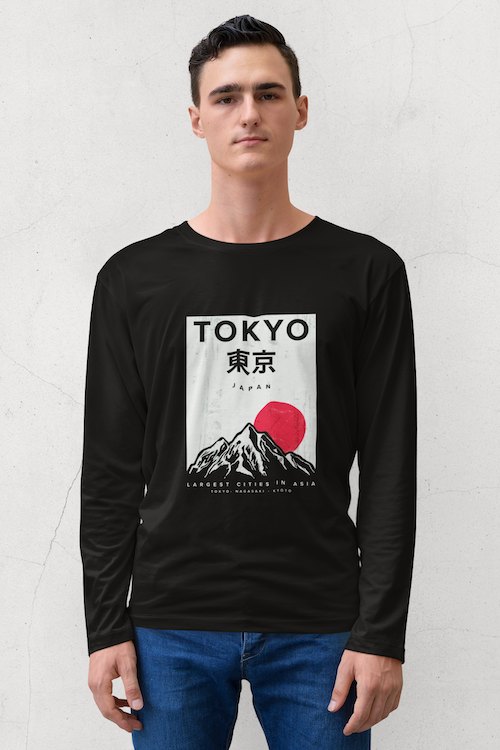 Vintage Tokyo Long Sleeve shirt in soft Airlume cotton, featuring a crew neck and ribbed cuffs, perfect for unisex wear.