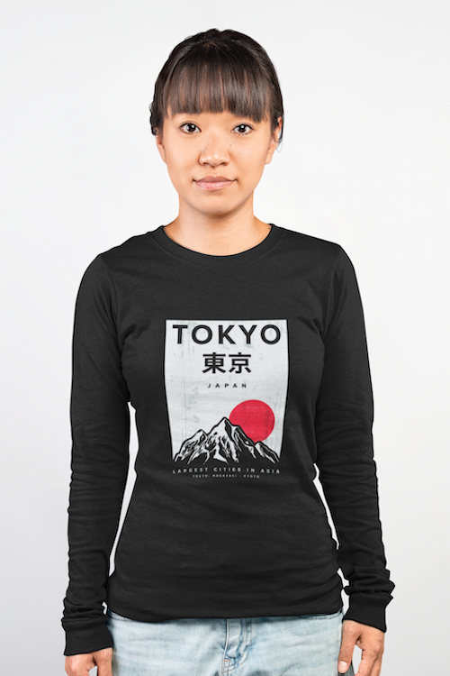 Vintage Tokyo Long Sleeve shirt in soft Airlume cotton, featuring a crew neck and ribbed cuffs, perfect for unisex wear.