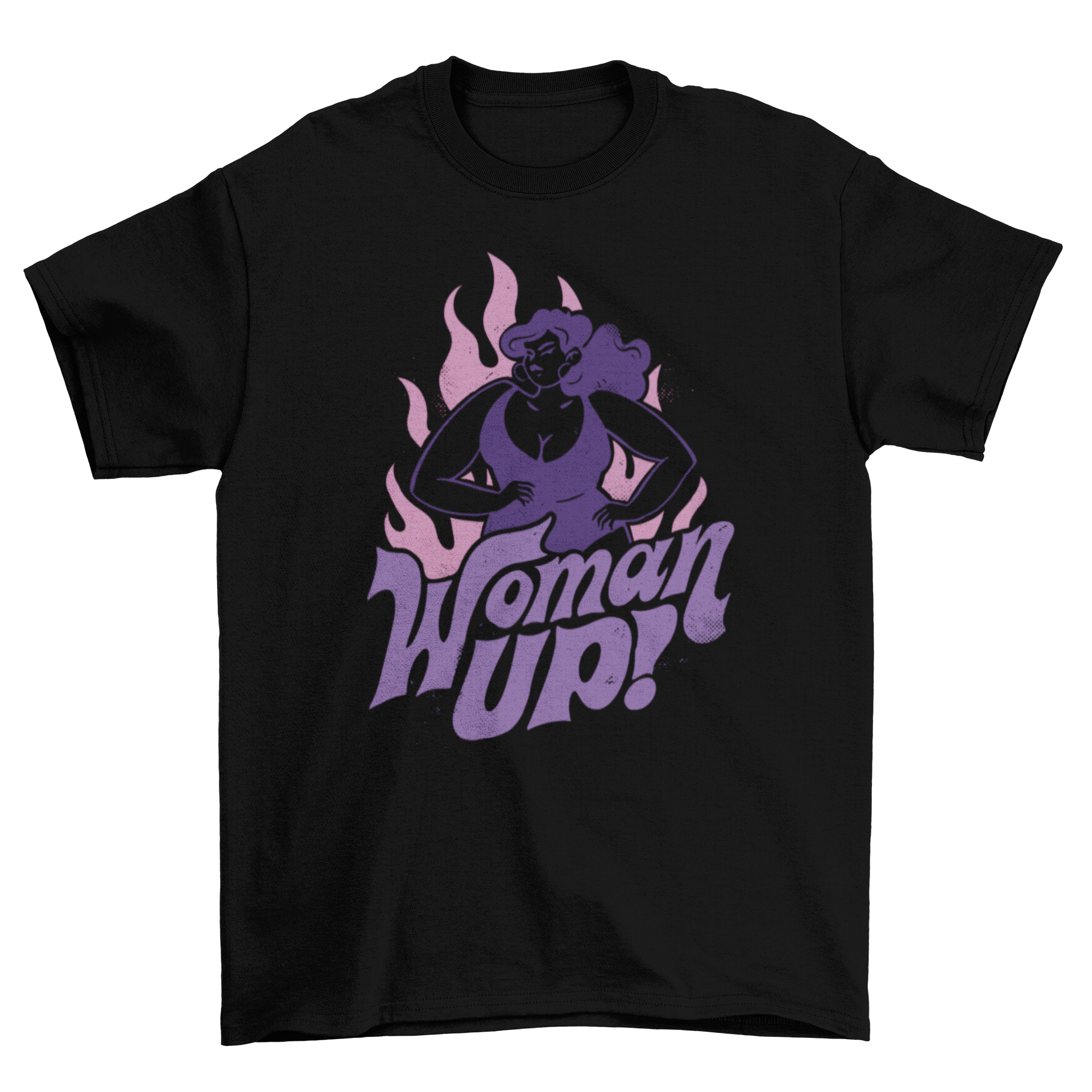 Vintage woman character t-shirt featuring flames and the quote 'Woman up!' on the back.