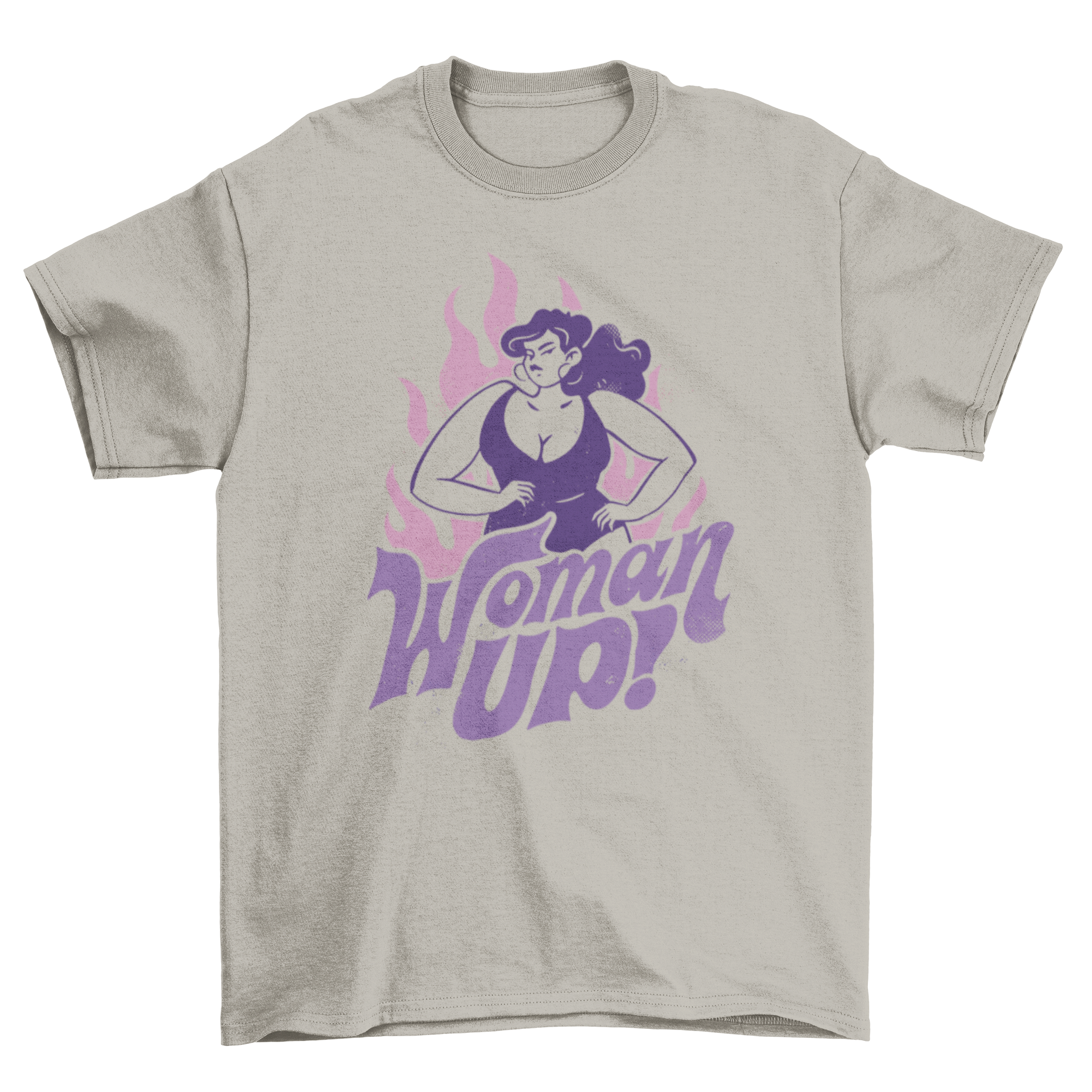 Vintage woman character t-shirt featuring flames and the quote 'Woman up!' on the back.