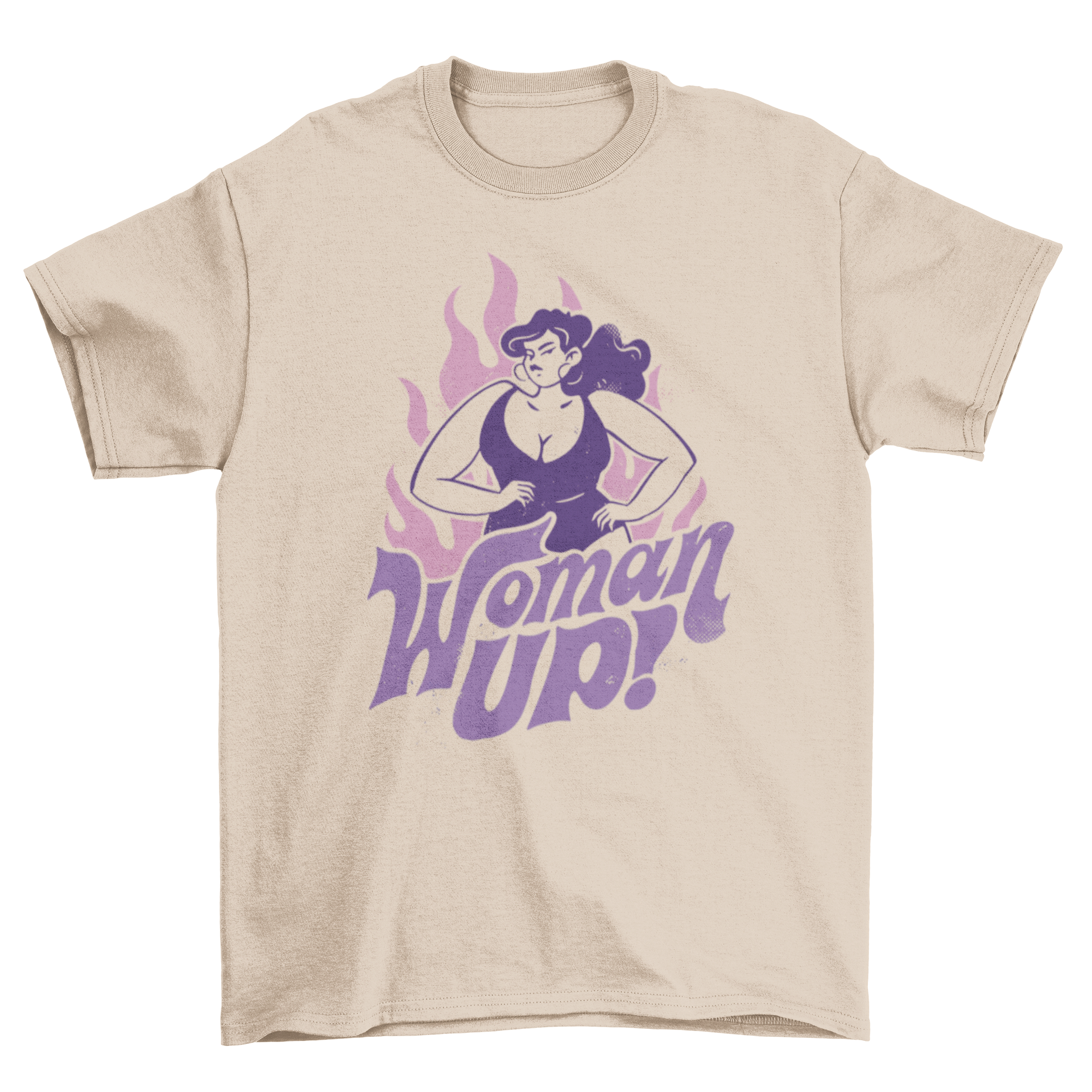 Vintage woman character t-shirt featuring flames and the quote 'Woman up!' on the back.