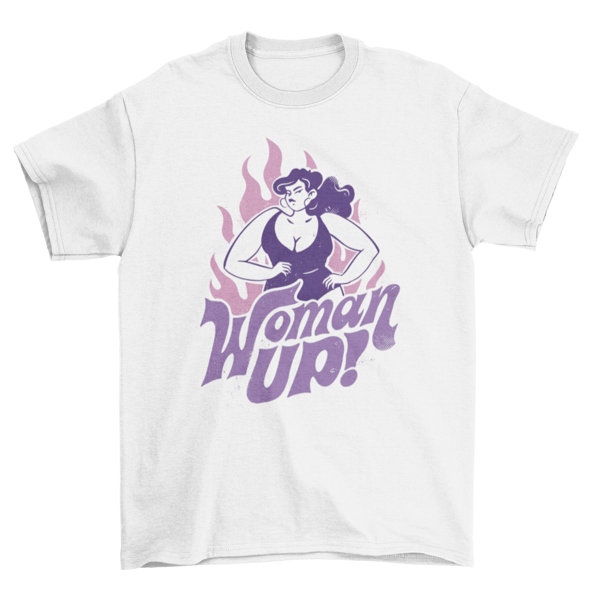 Vintage woman character t-shirt featuring flames and the quote 'Woman up!' on the back.