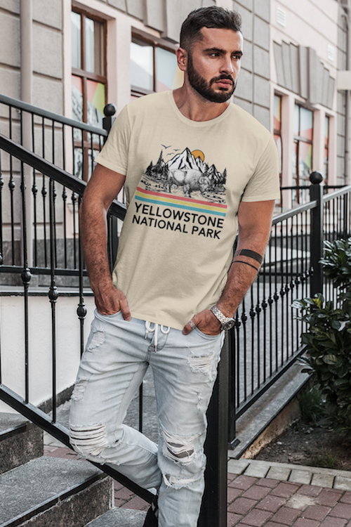 A vintage-style t-shirt featuring Yellowstone National Park design, made from soft cotton, perfect for outdoor enthusiasts.