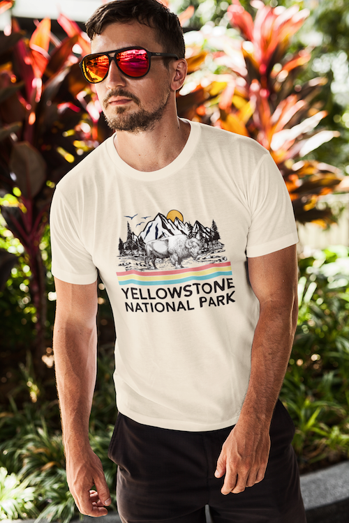 A vintage-style t-shirt featuring Yellowstone National Park design, made from soft cotton, perfect for outdoor enthusiasts.