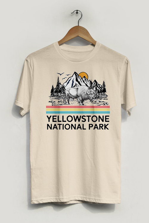 A vintage-style t-shirt featuring Yellowstone National Park design, made from soft cotton, perfect for outdoor enthusiasts.