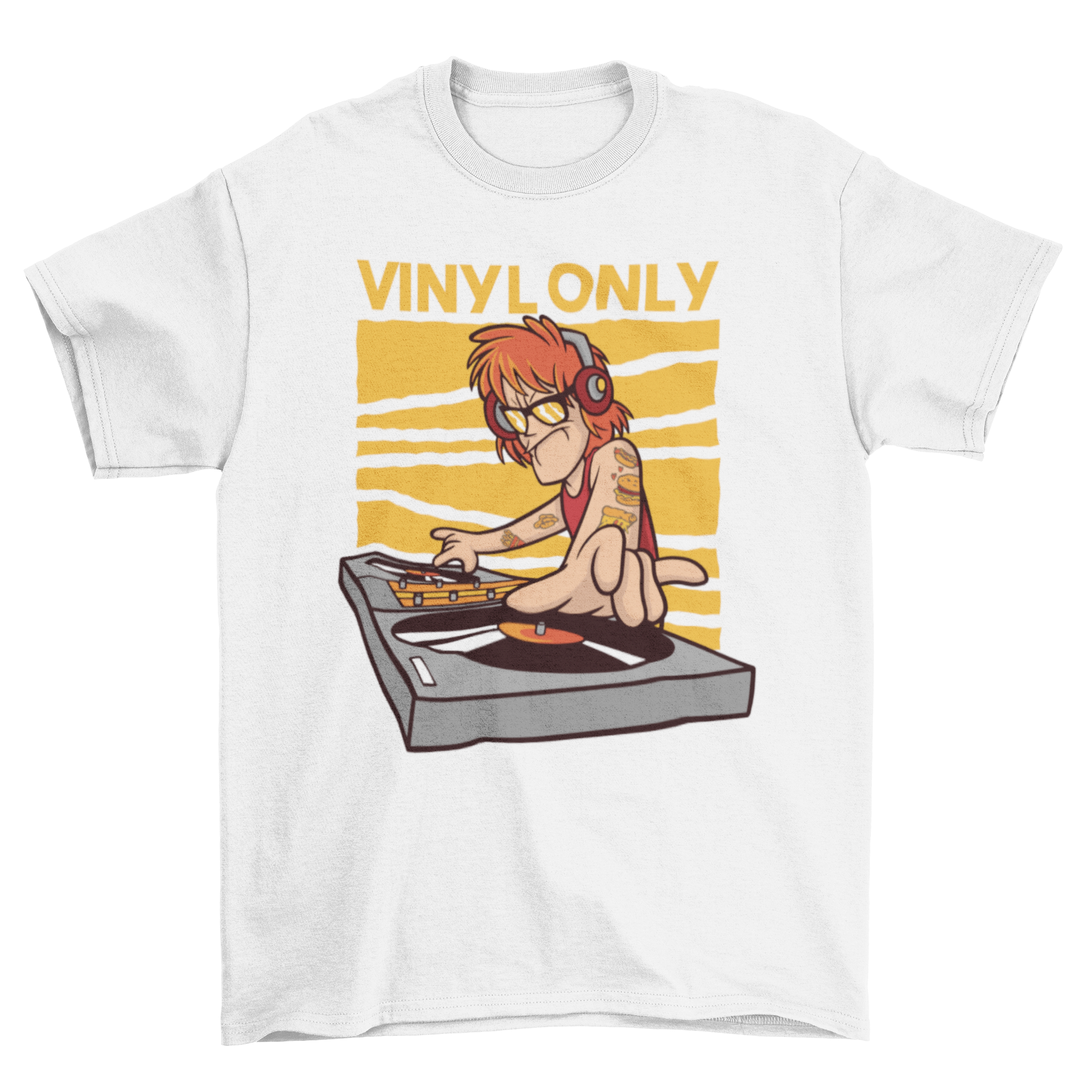 Vinyl DJ quote t-shirt featuring a ginger DJ and the text 'Vinyl Only' in a stylish design.